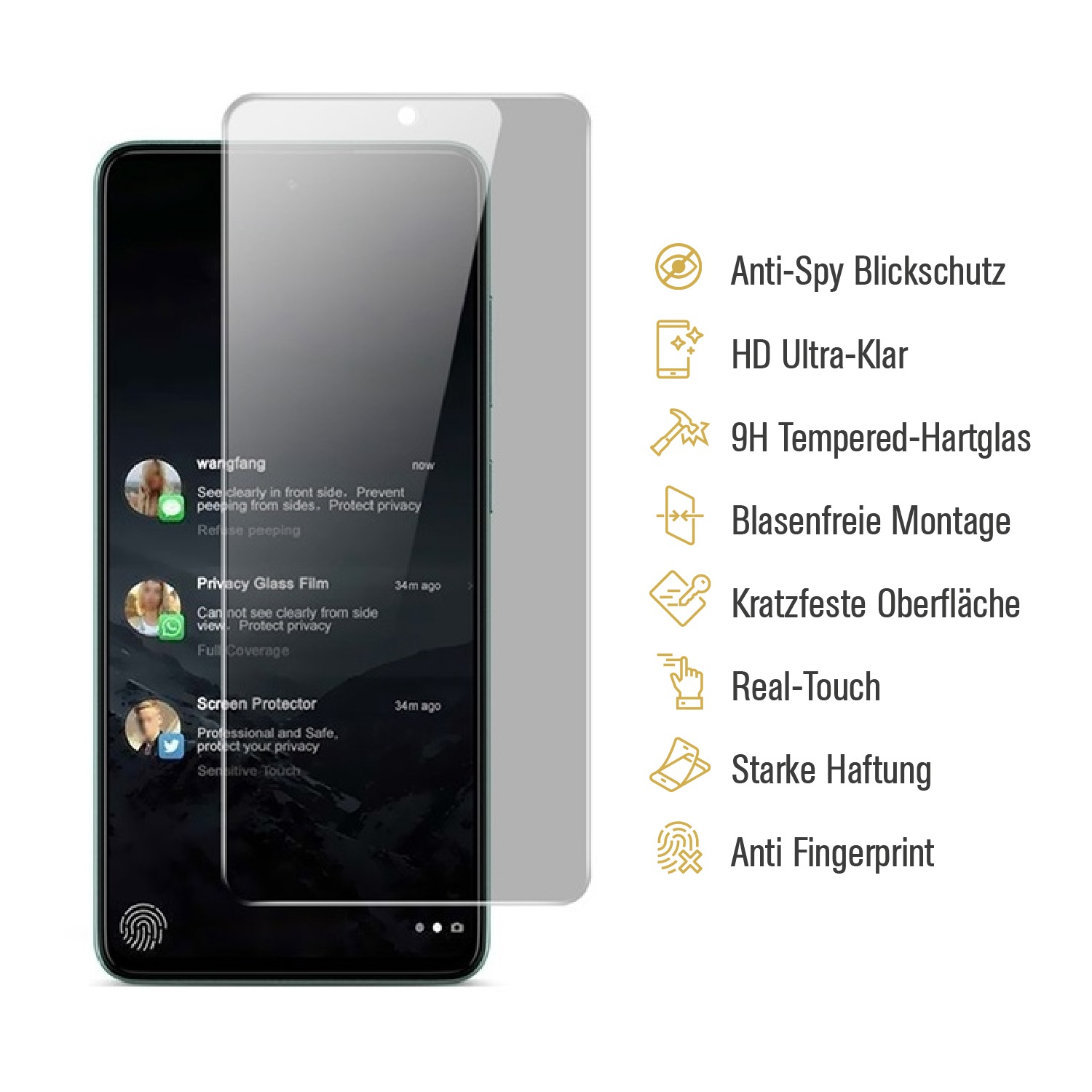 Telefon mit Displayschutz und einer Liste von Funktionen.