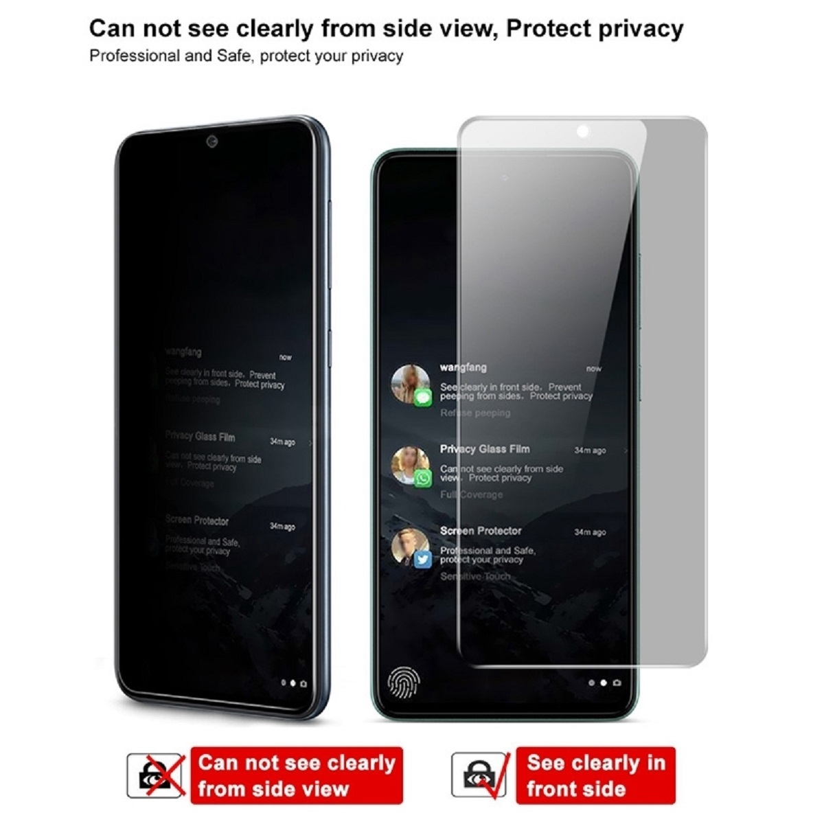 Zwei Telefone nebeneinander. Eins zeigt einen Displayschutz, das andere Privatsphäre.