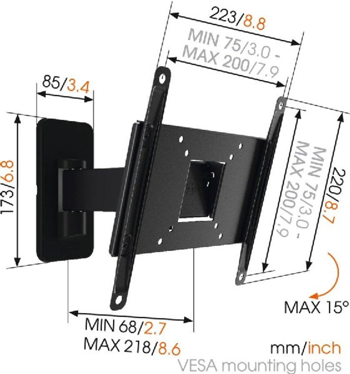 Un supporto a parete per TV nero con dimensioni in mm/pollici, che mostra varie misure e angoli.