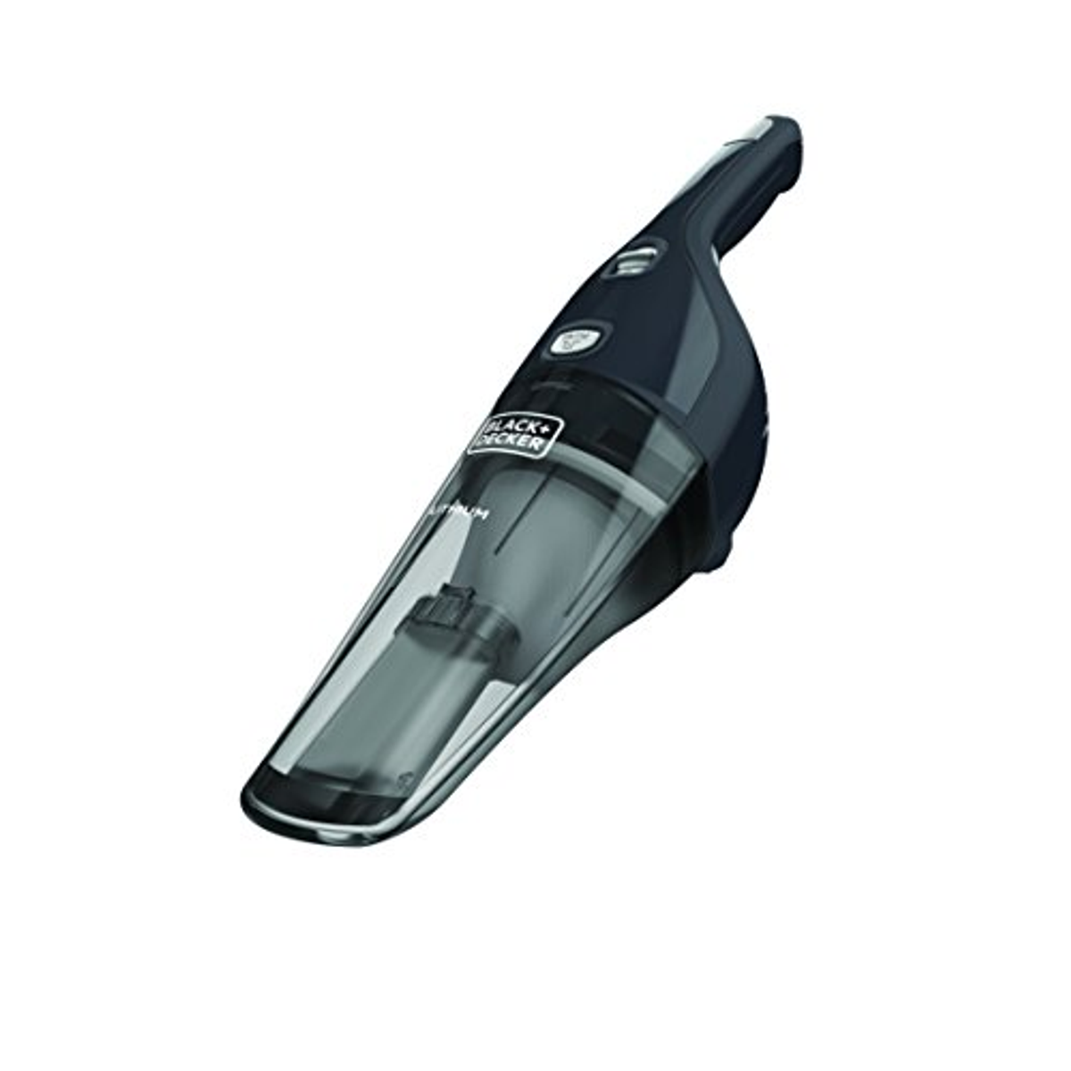Aspirapolvere portatile. Plastica nera e trasparente, senza fili, ugello appuntito.