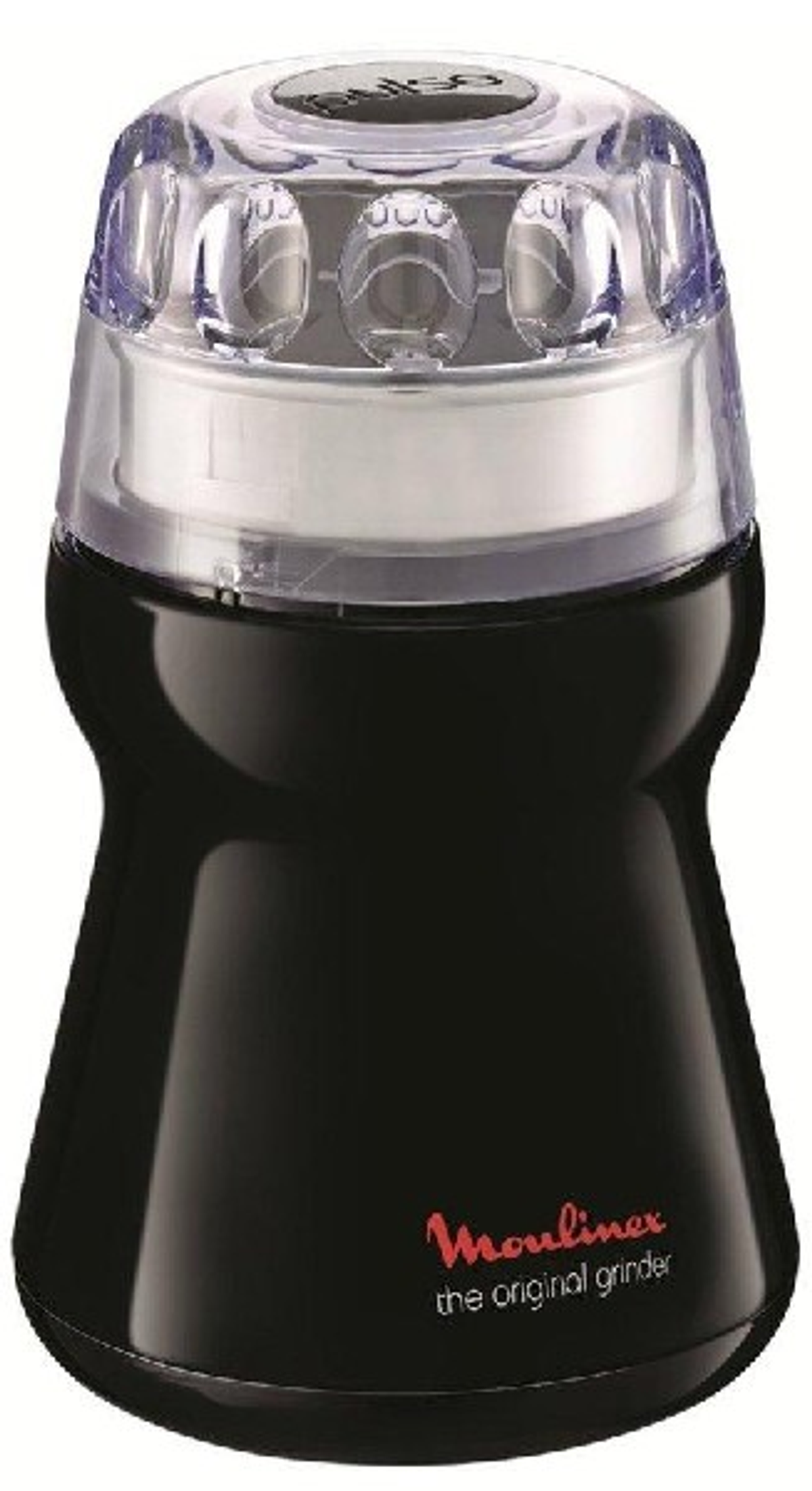 Czarny młynek do kawy Moulinex z przezroczystą pokrywą i czerwonym logo z przodu.