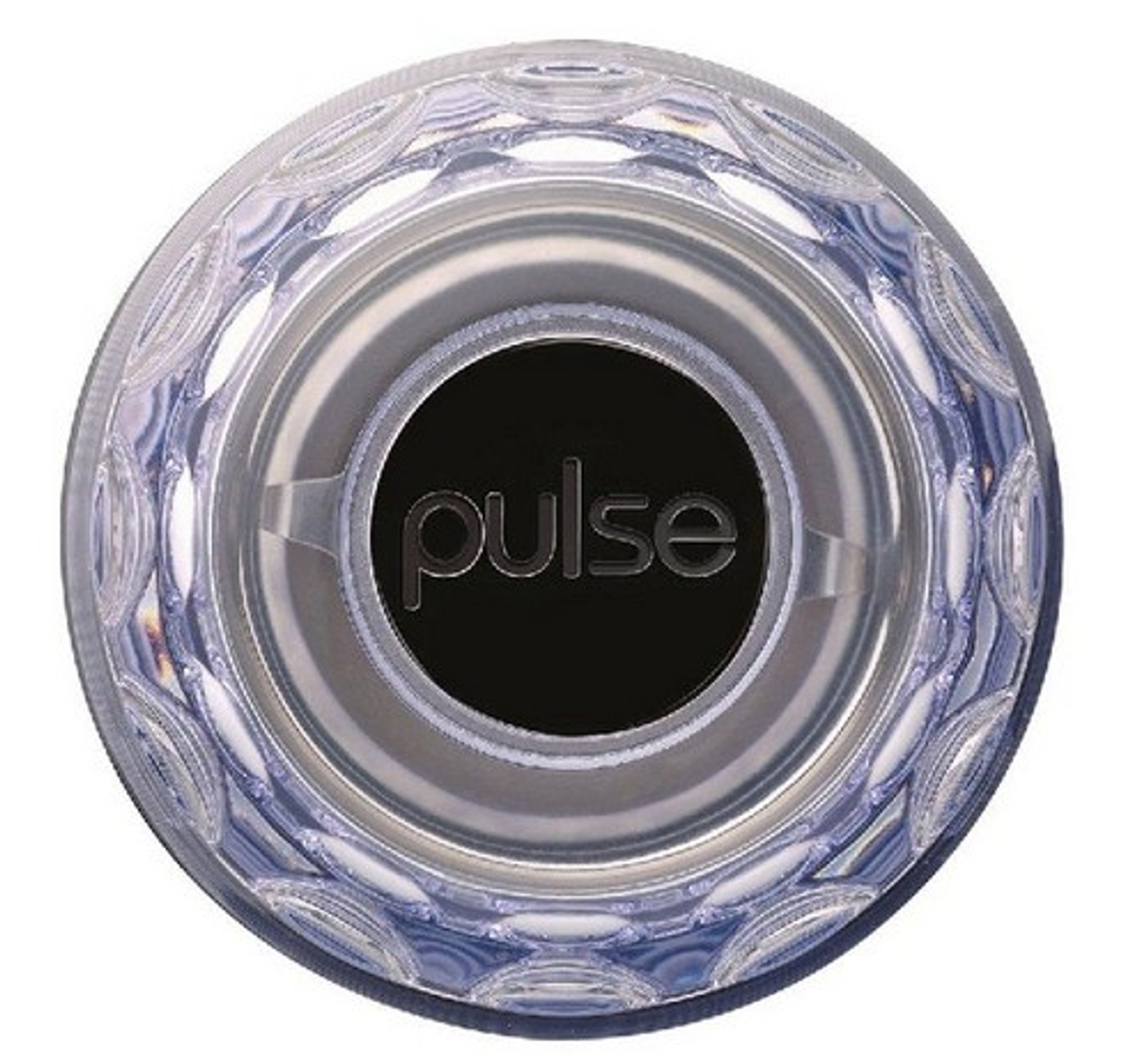 Widok z góry urządzenia 'pulse'. Przezroczysty plastikowy korpus z czarnym środkiem.