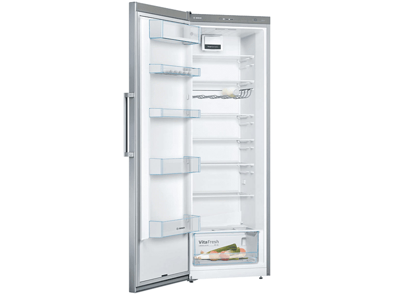 Refrigerador Bosch, puerta abierta, mostrando estantes, cajones y contenido.