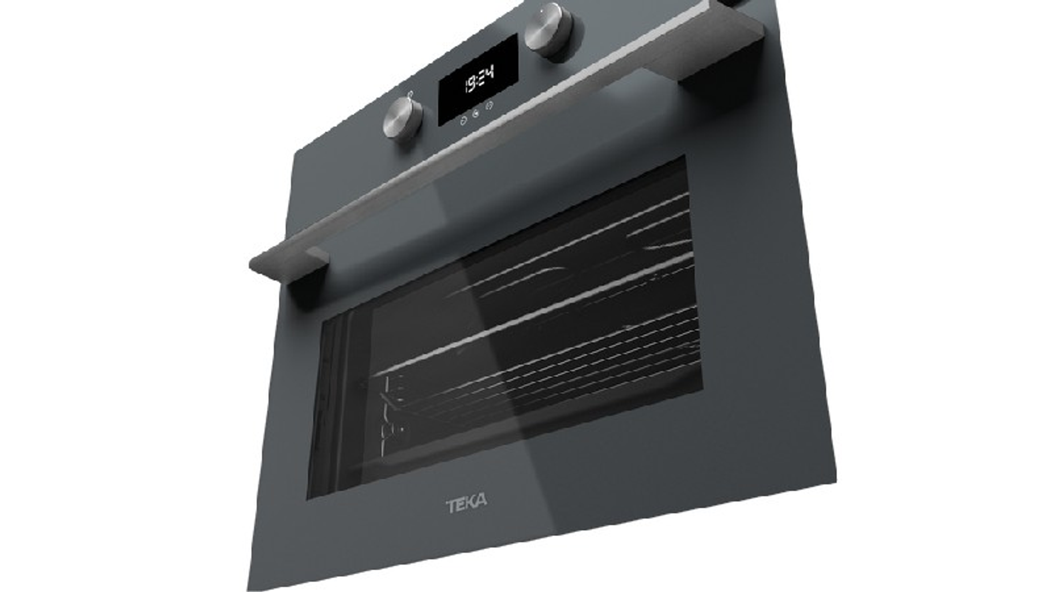 Un horno con frontal negro, pantalla digital y dos mandos.