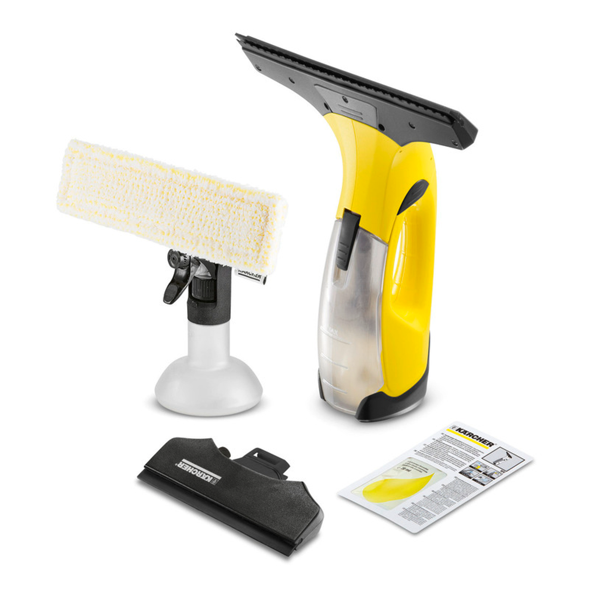 Kit per la pulizia dei vetri con dispositivo portatile giallo e nero, flacone spray e raschietto nero.