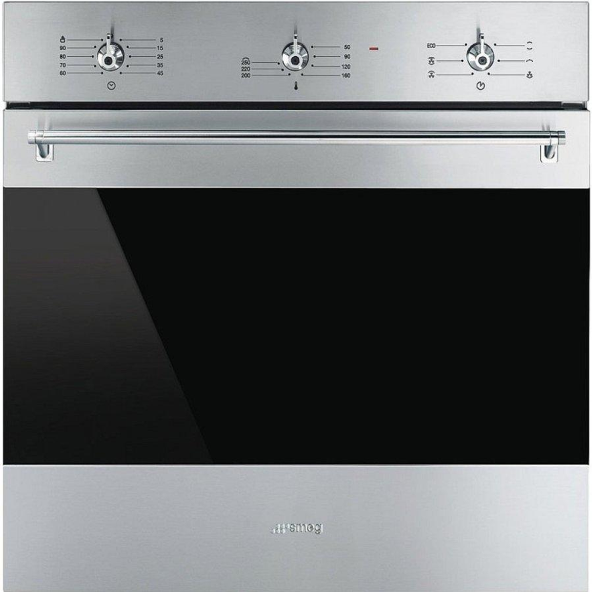 Un forno in acciaio inossidabile con comandi in alto e una porta in vetro nero.