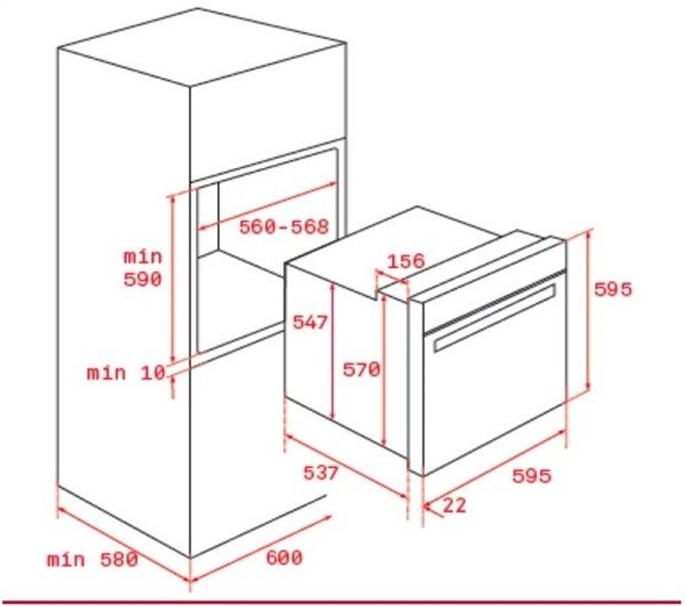 Diagram piekarnika i szafki pokazujący wymiary w kolorze czerwonym. Ma jasne tło.