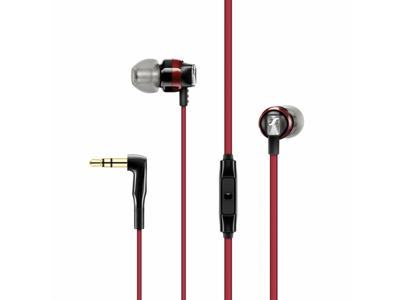 Kopfhörer mit rotem Kabel, schwarzer Steuerung und vergoldetem Stecker. Der Hintergrund ist schwarz.