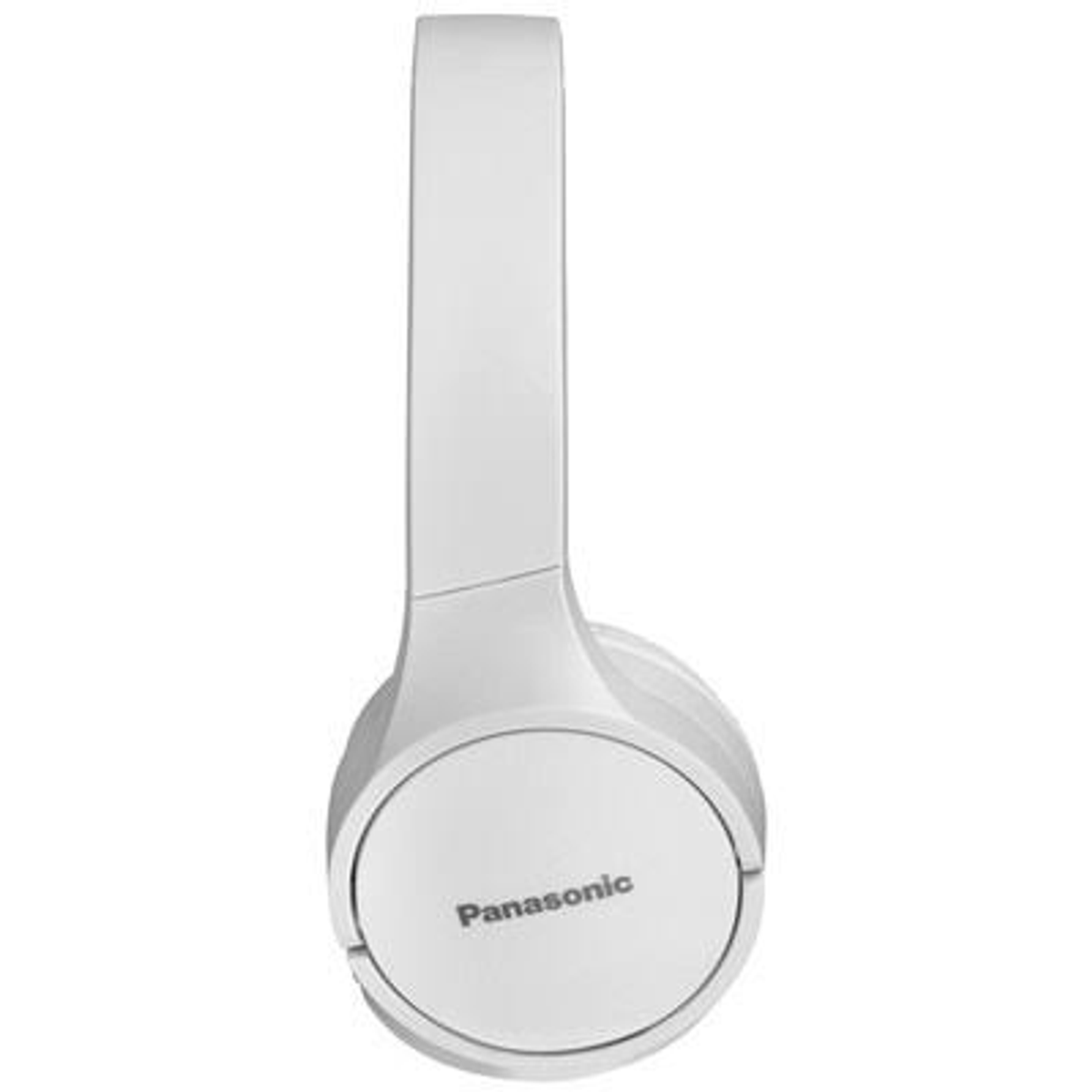 Cuffie bianche Panasonic. Il marchio è sul padiglione auricolare. Design semplice.
