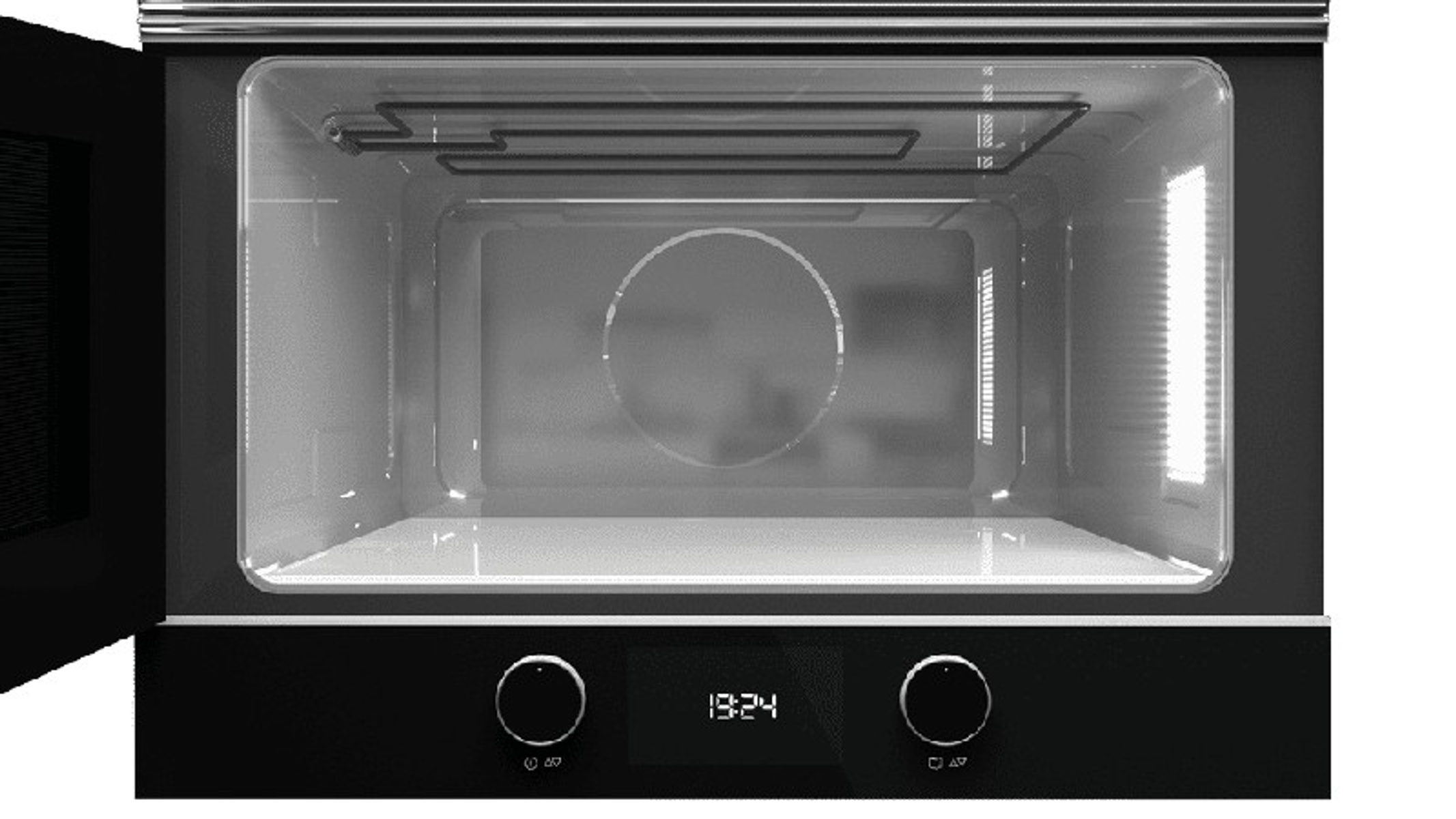 Otwarty wnętrze czarnej kuchenki mikrofalowej, pokazujące elementy wewnętrzne.