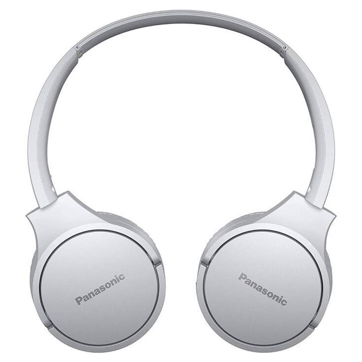 Cuffie bianche over-ear, entrambi i lati visibili. Marchio Panasonic, sfondo grigio, design circolare.
