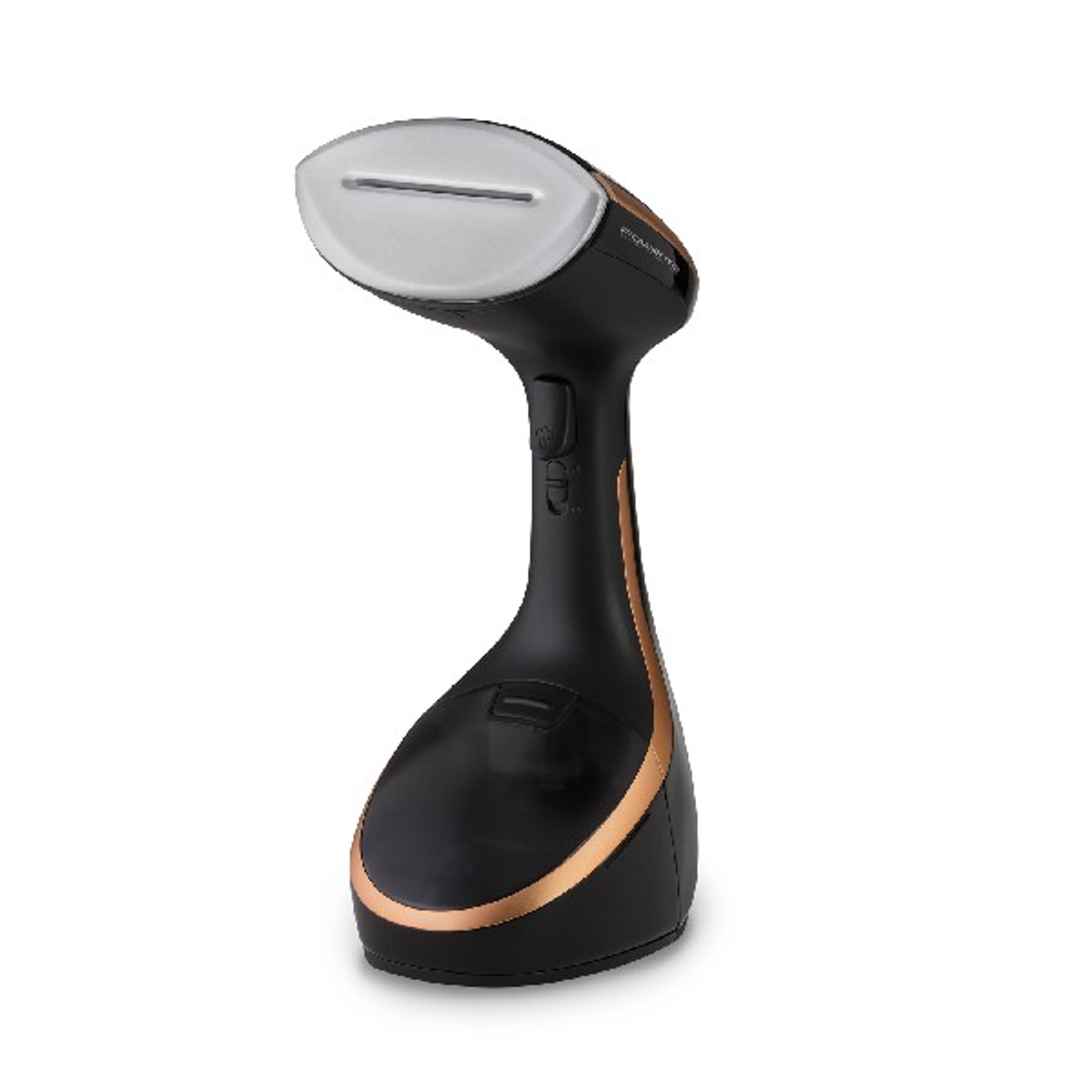 Vaporizzatore per indumenti portatile nero e rame, sfondo bianco, vista angolata.