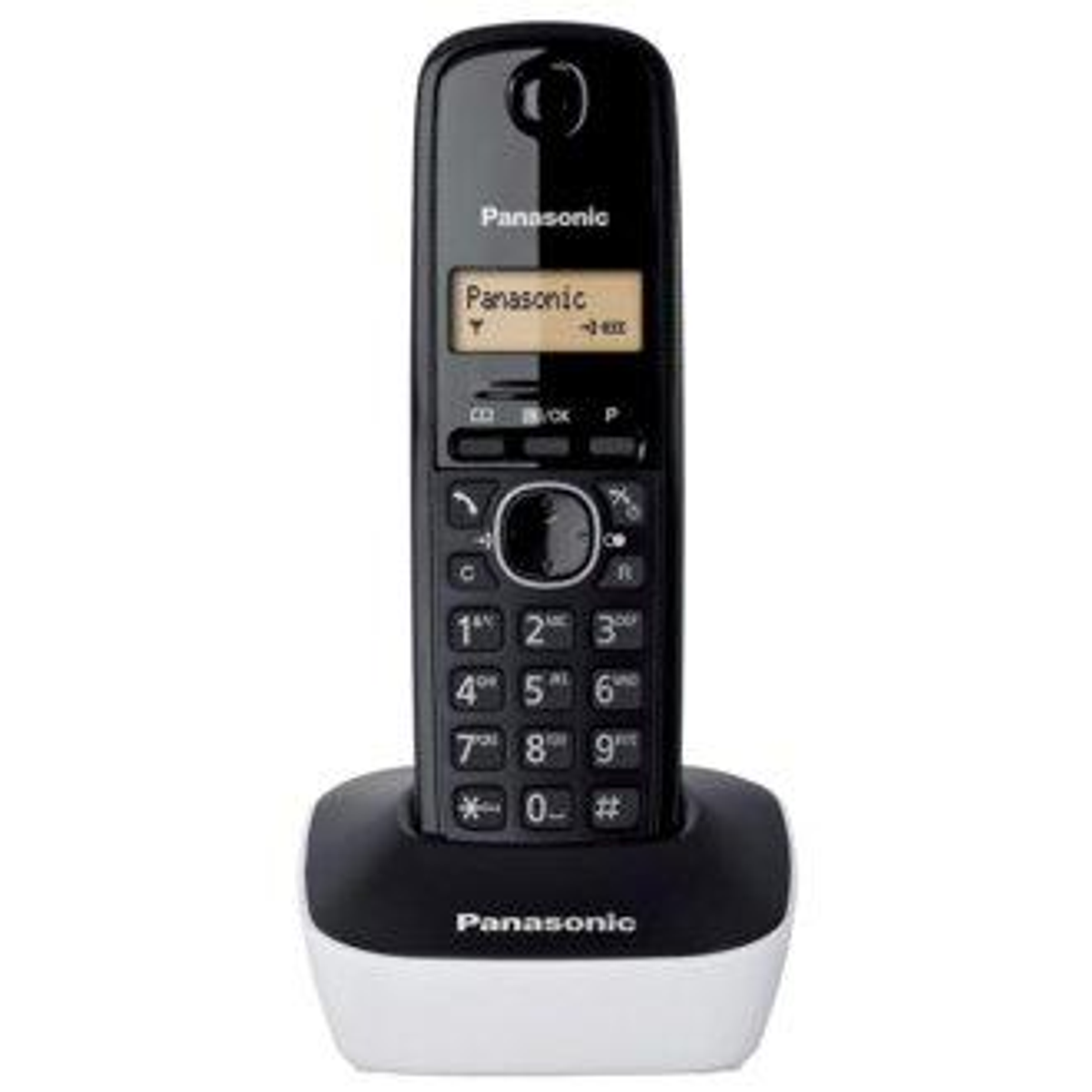 Un teléfono inalámbrico Panasonic negro con pantalla en su base blanca.