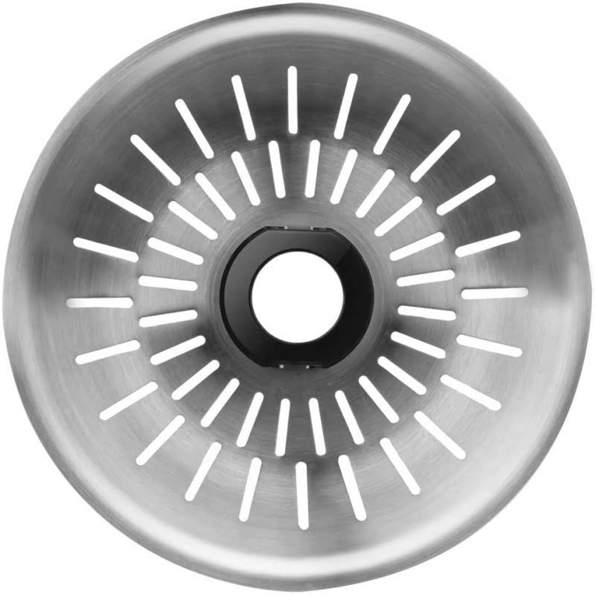Un colador de fregadero de acero inoxidable con un diseño circular y muchos agujeros.