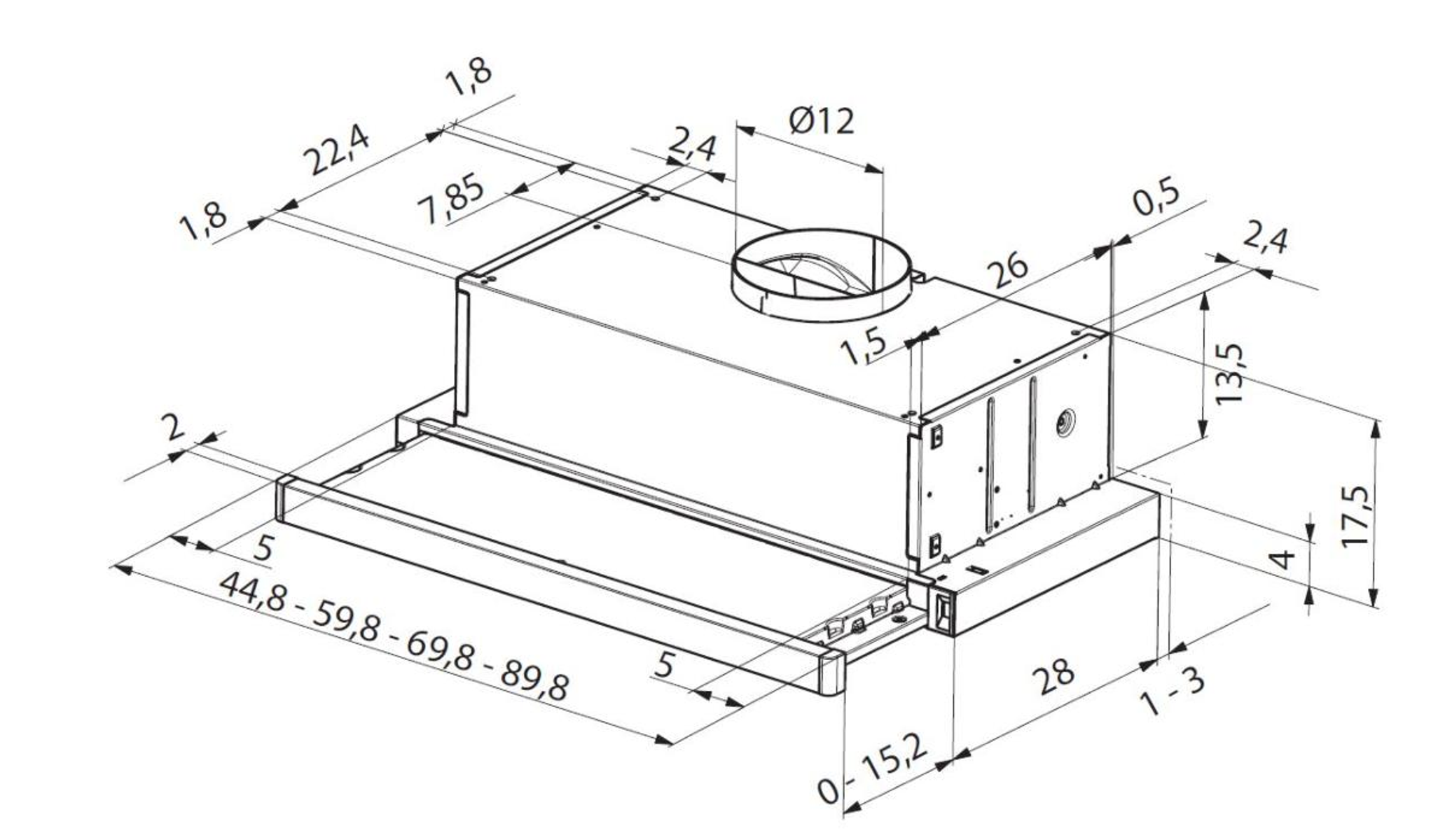 Vista isométrica de una campana extractora con dimensiones etiquetadas, en un dibujo técnico.