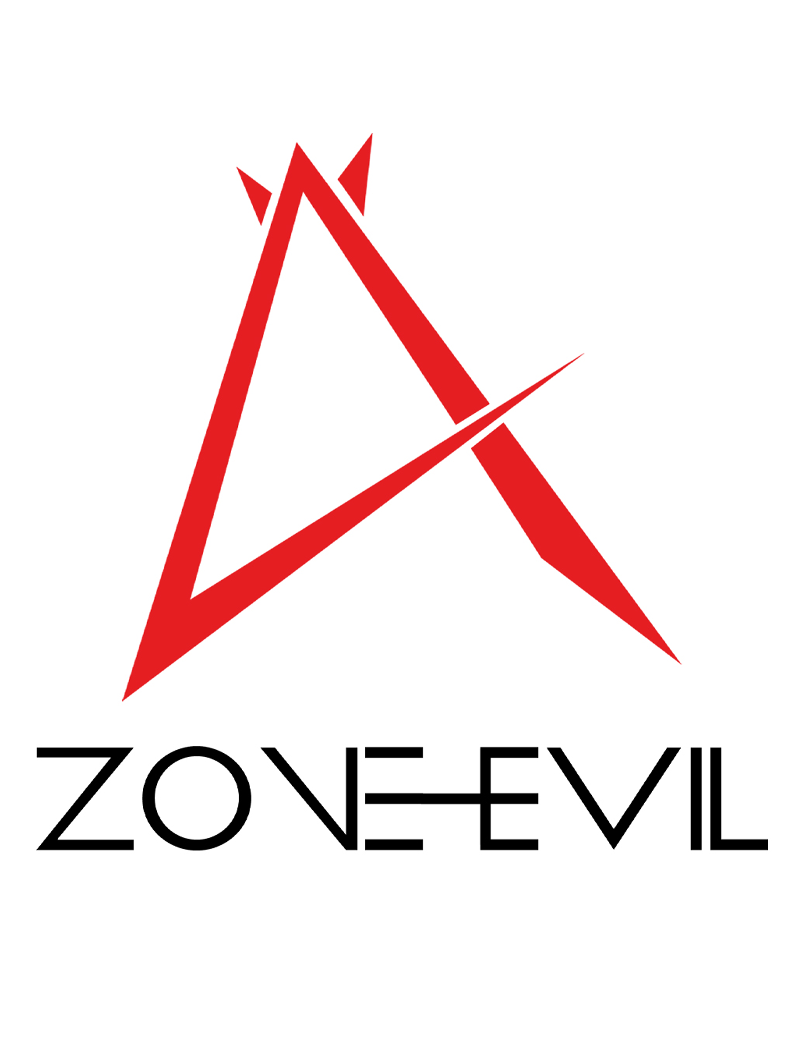 Logo rojo y negro ZONE-EVIL, una letra A estilizada con texto debajo.