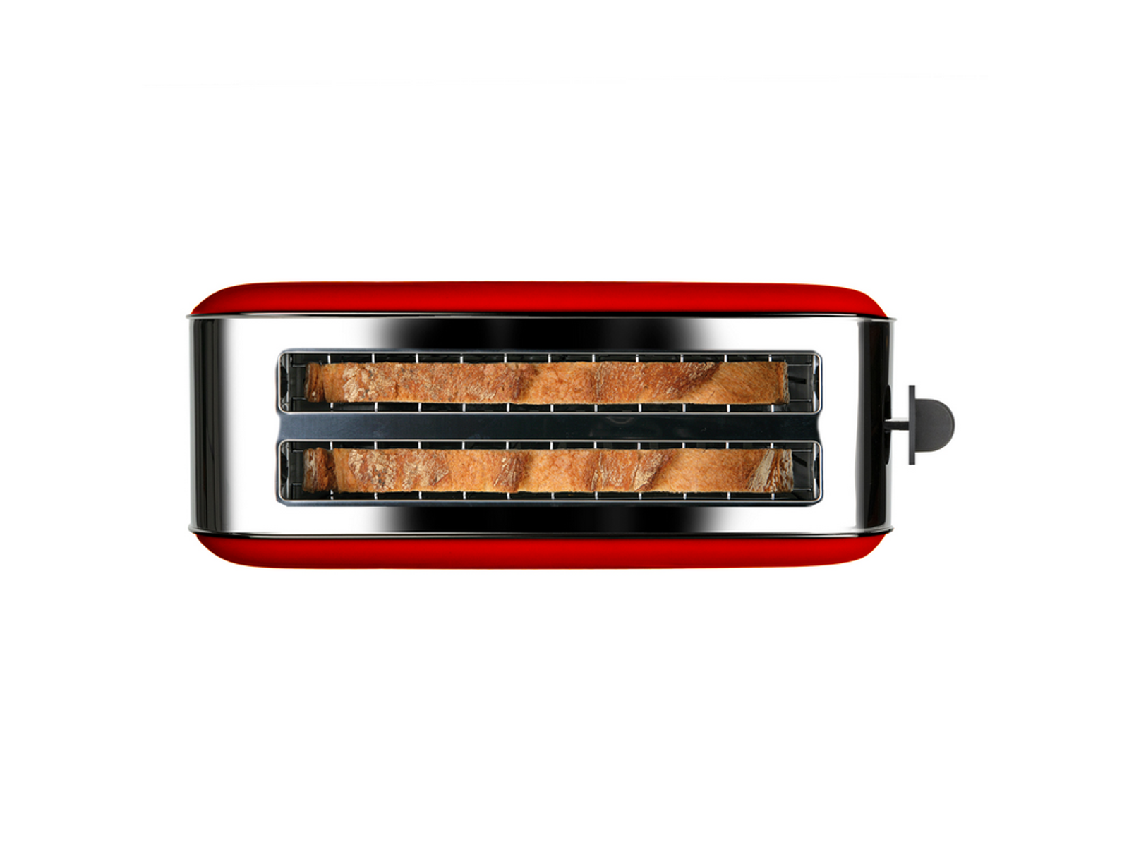 Czerwony toster z dwoma otworami, zawierający dwie kromki tostowanego chleba, na białym tle.