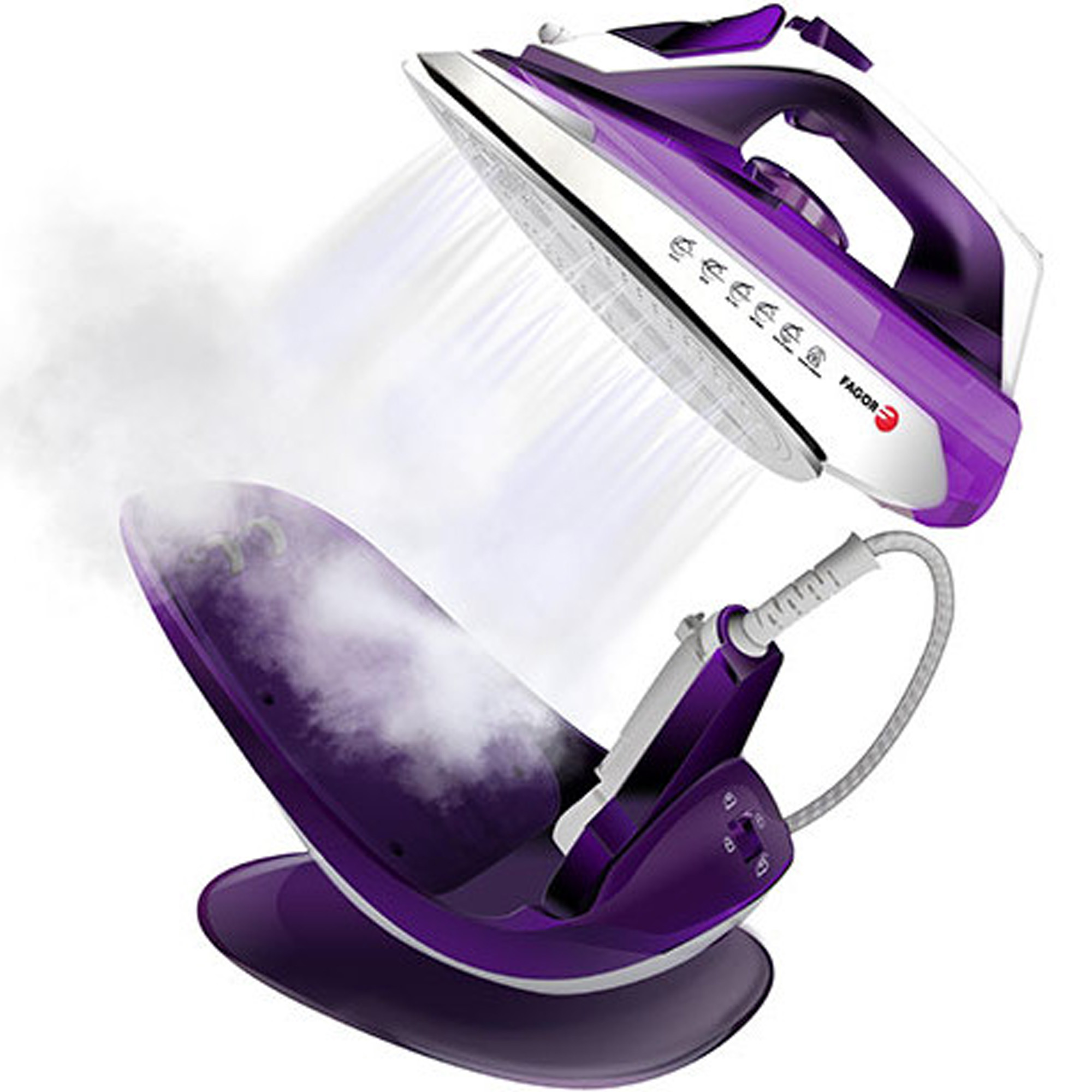 Plancha morada y blanca con vapor saliendo de la suela. Está sobre una base morada.
