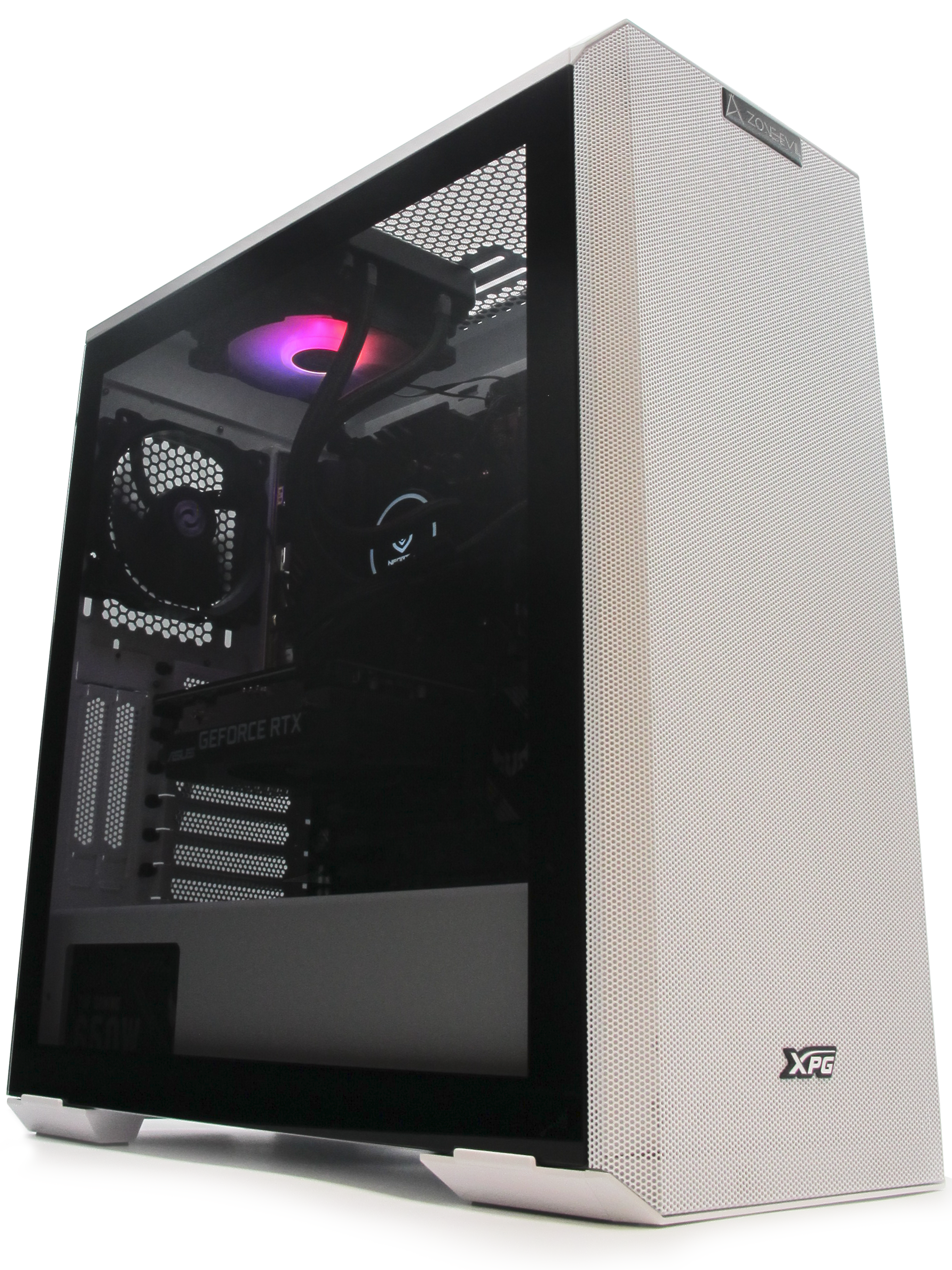 Carcasa de computadora blanca con panel lateral de vidrio que muestra los componentes internos iluminados.