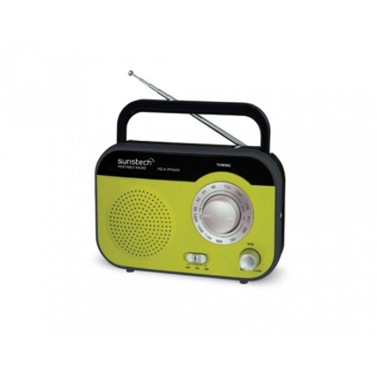 Zielone i czarne radio przenośne. Czarny uchwyt i antena. Białe tło.