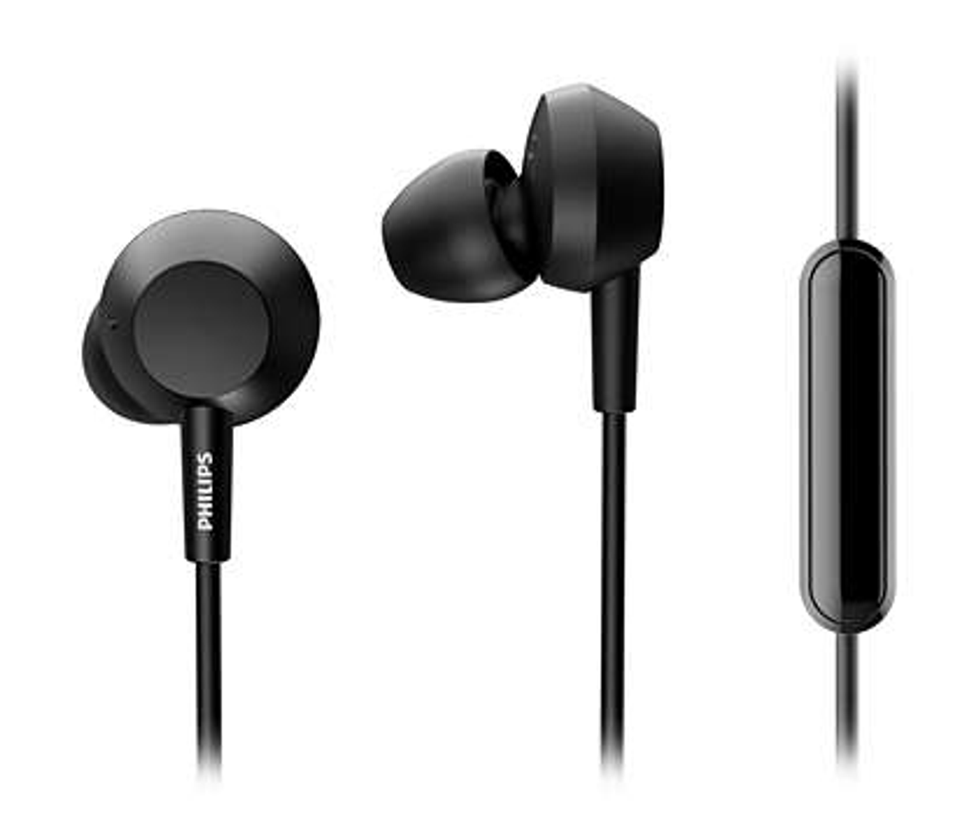 Kontrolcülü siyah Philips kulaklıklar. Üç kulaklık parçası görülebilir.