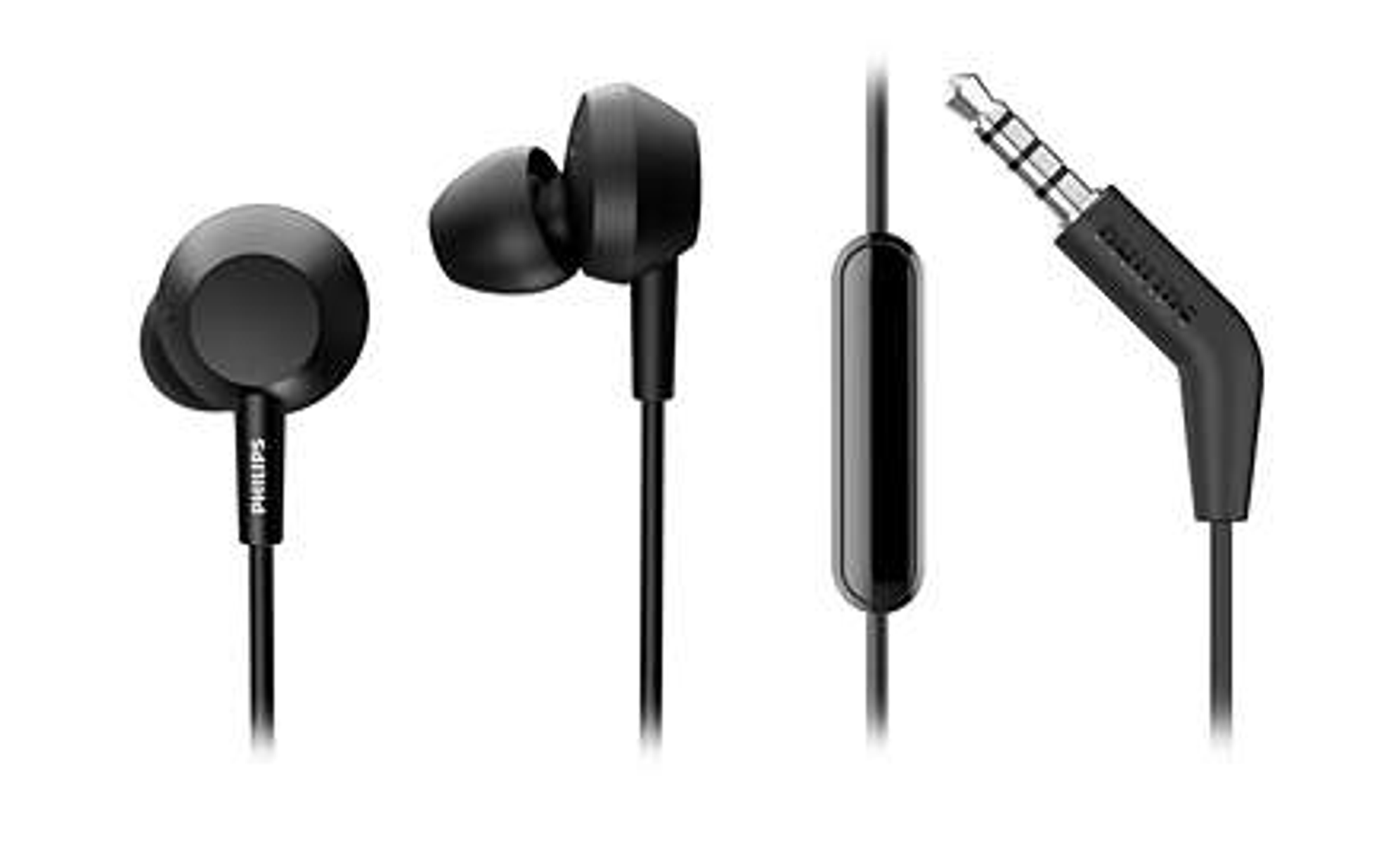Siyah kulaklıklar ve bir konektör. Bir kulaklıkta Philips marka adı görülüyor.