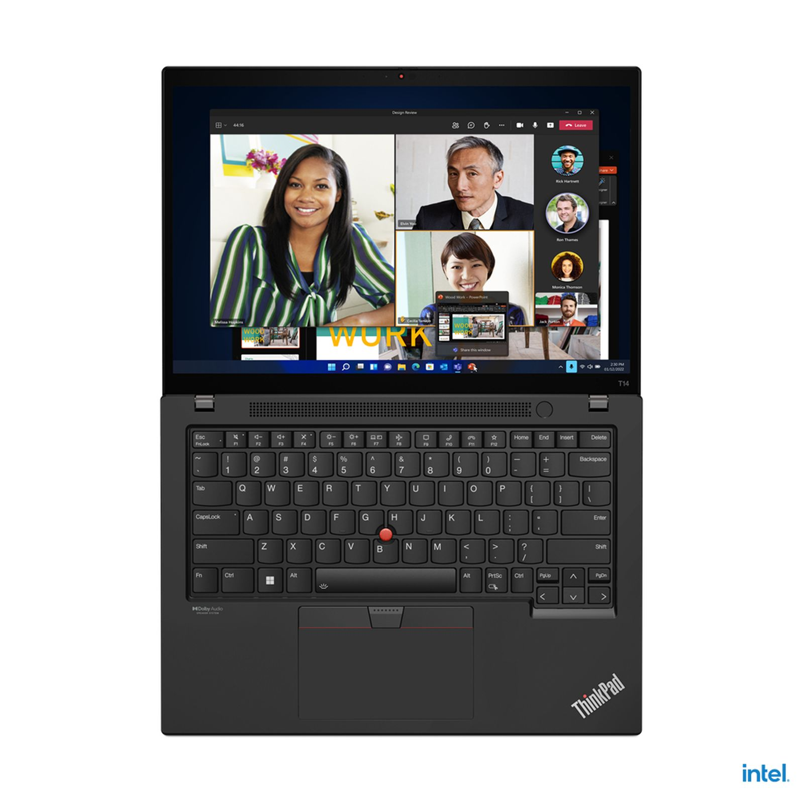 Schwarzer Laptop, Videogespräch. Teilnehmer sichtbar. Schwarze Tastatur.