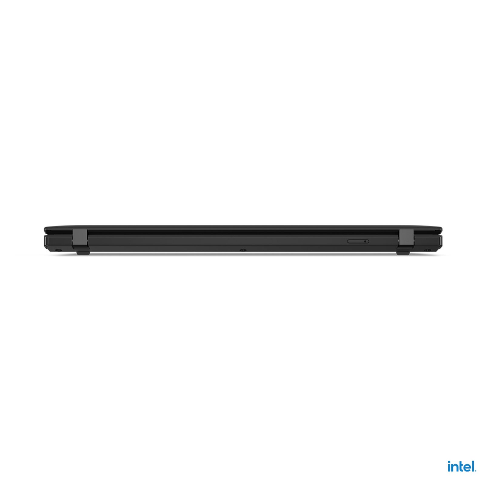 Seitenansicht eines schwarzen Laptops. Der Laptop ist geschlossen und zeigt das Seitenprofil mit einem Logo.