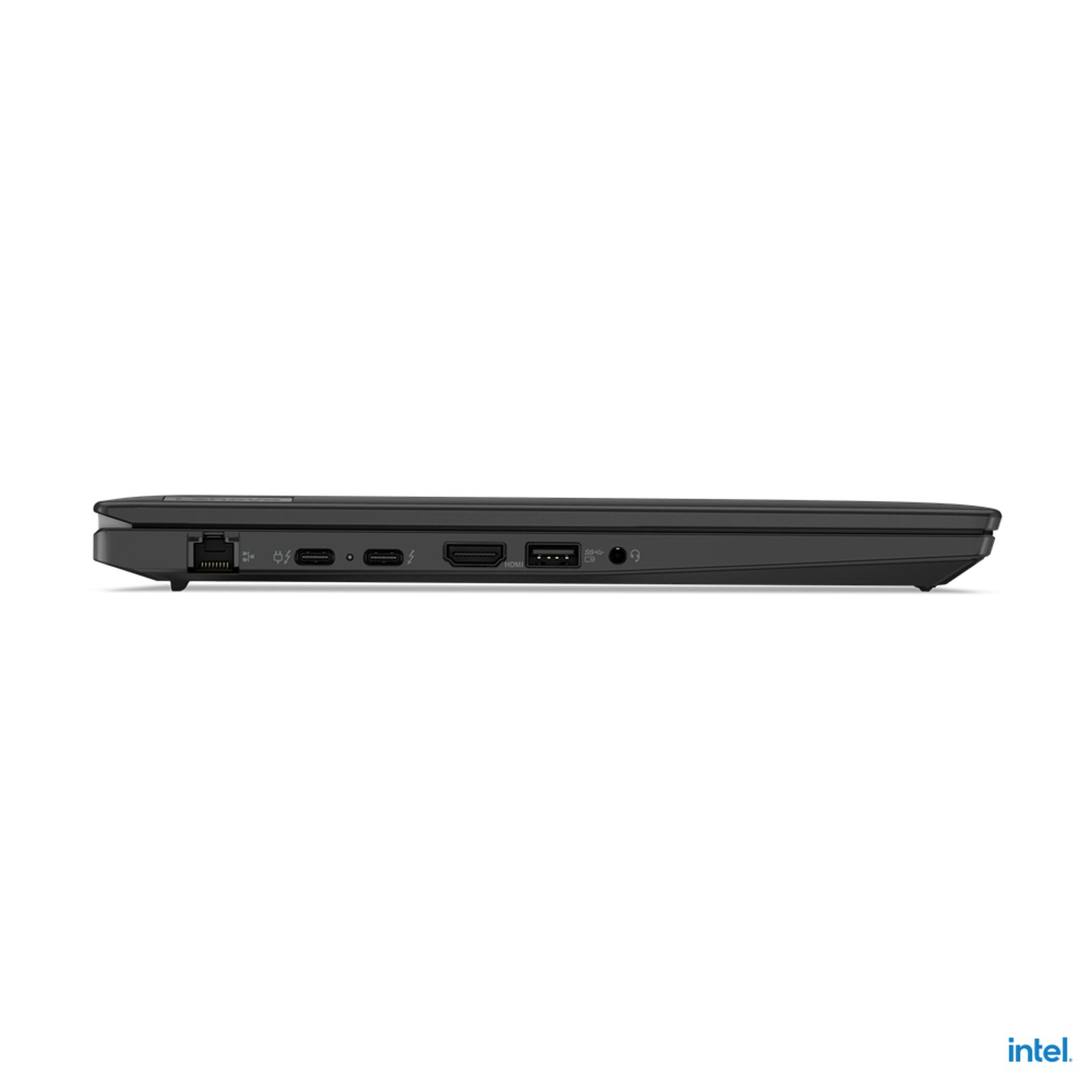 Seitenansicht eines schwarzen Laptops mit verschiedenen Anschlüssen an der Seite.