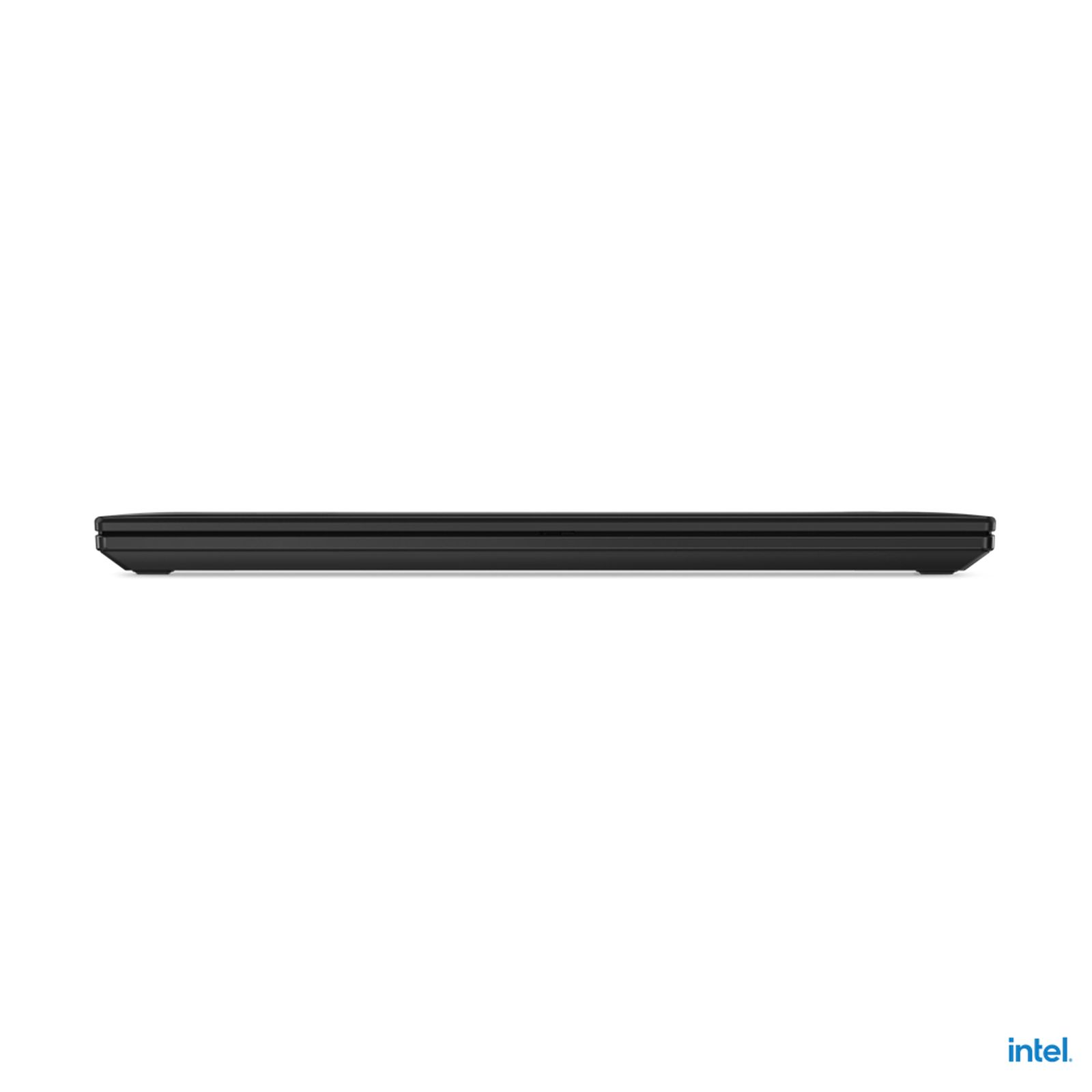 Schwarzer Laptop, Seitenansicht, geschlossen auf weißem Hintergrund. Intel-Logo unten.