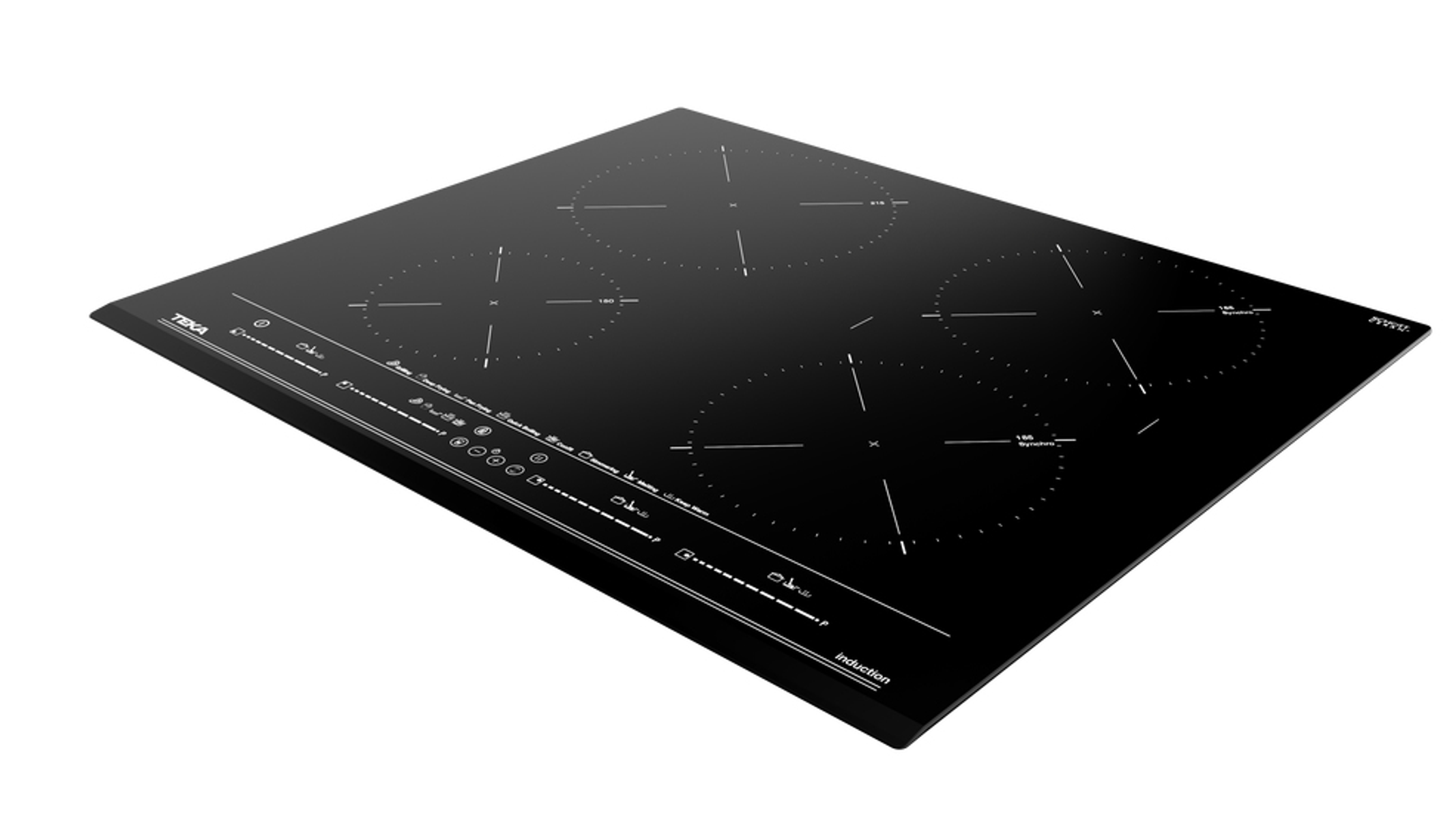 Placa de inducción negra con cuatro zonas de cocción circulares. La marca TEKA es visible a la izquierda.