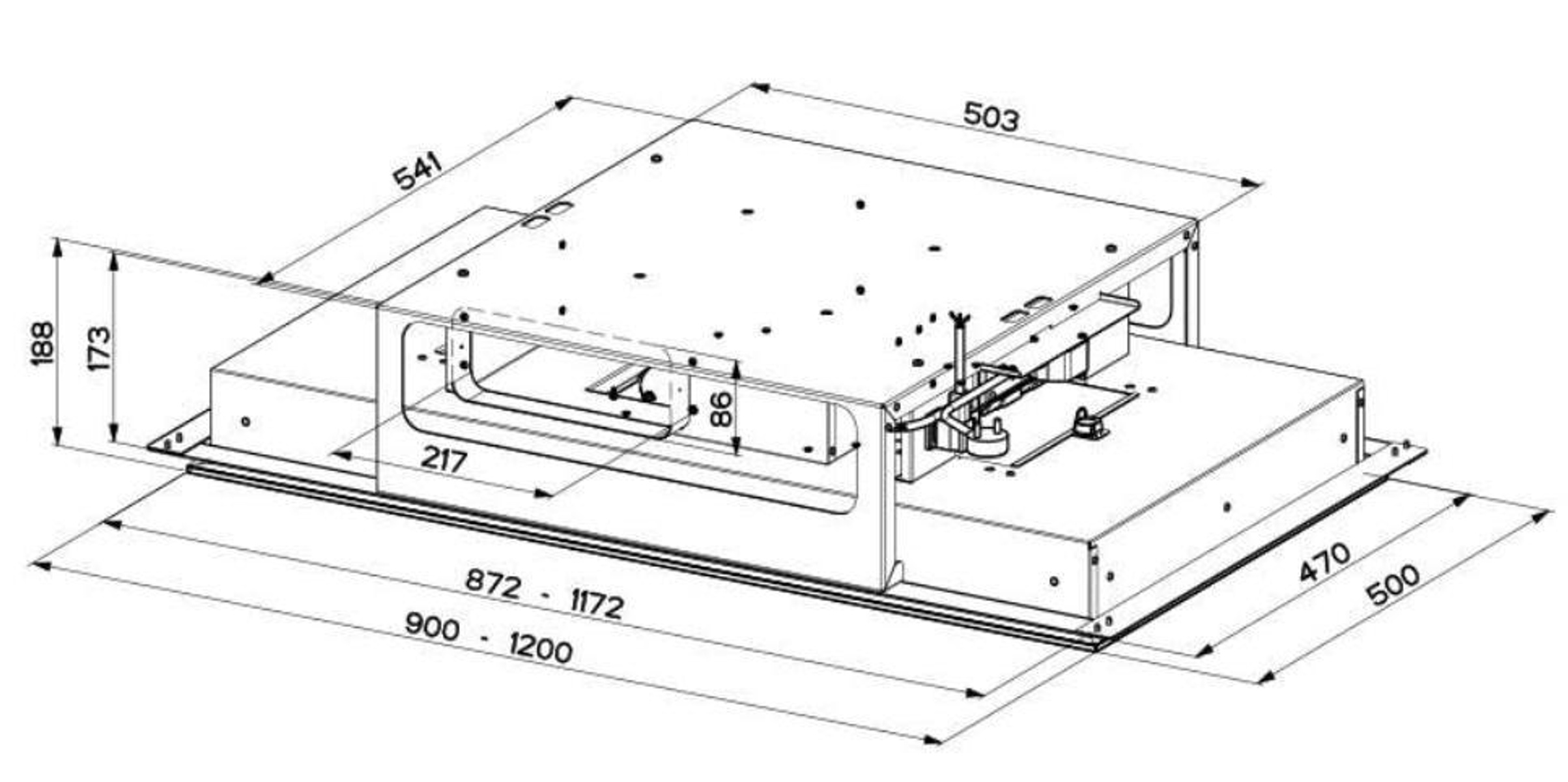 Diagrama de una campana extractora de cocina. Muestra dimensiones y ángulos.