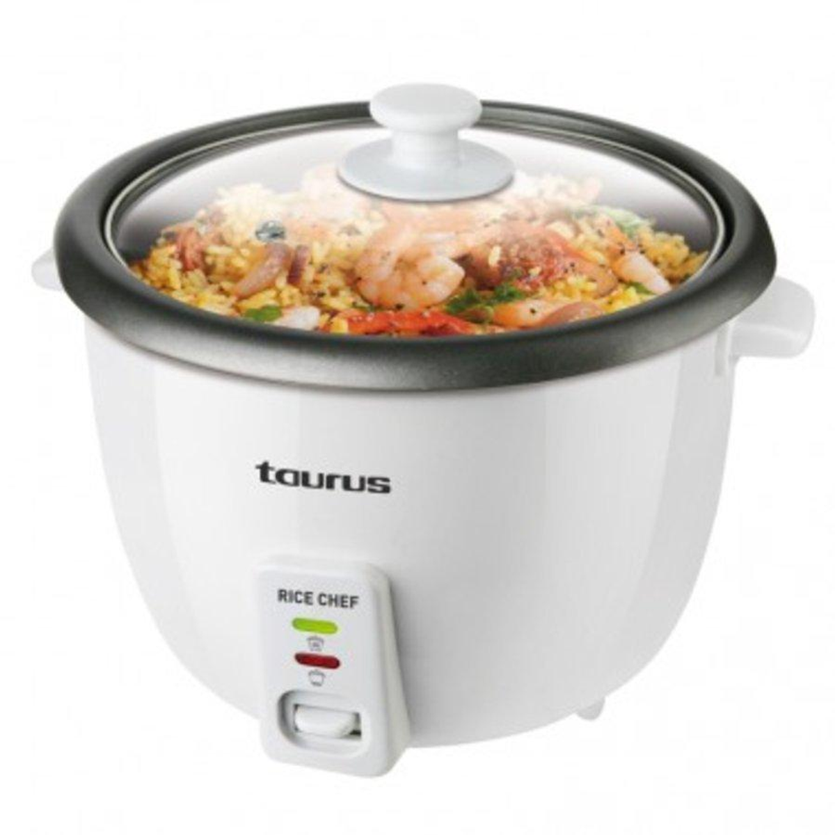 Białe urządzenie do gotowania ryżu z ryżem i krewetkami, marka 'Taurus'.