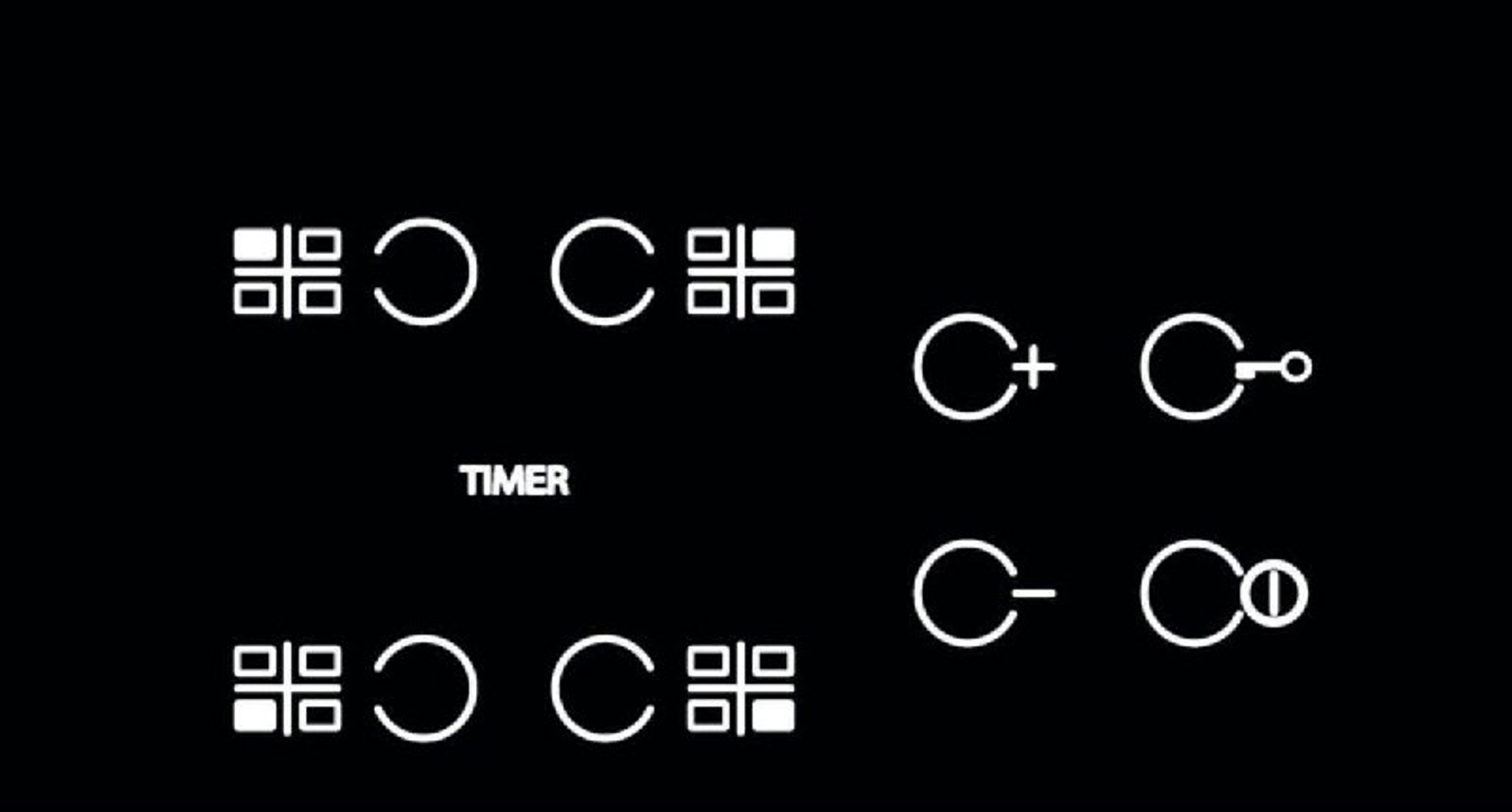 Czarny ekran z białymi ikonami reprezentującymi timery, symbole plus i minus oraz ustawienia.