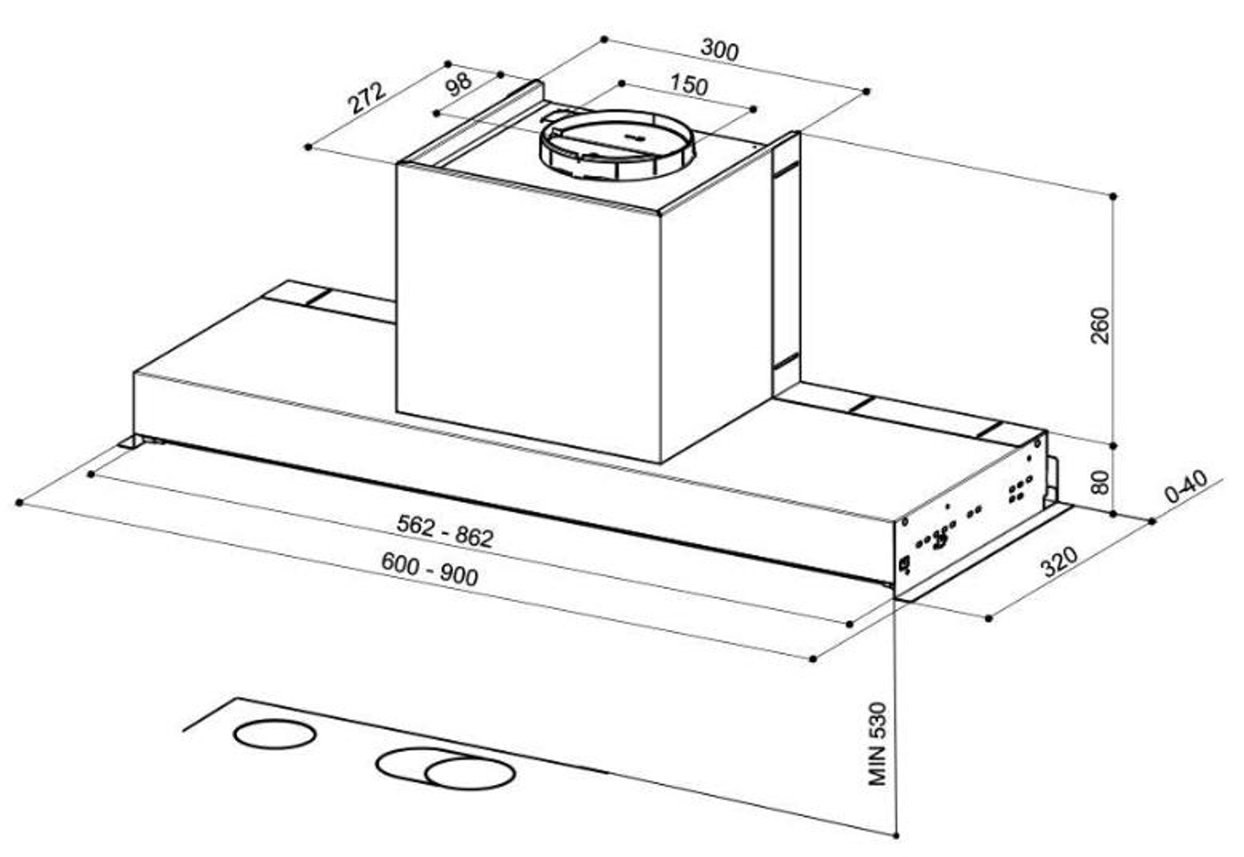Dibujo técnico de una campana extractora con dimensiones y etiquetas.