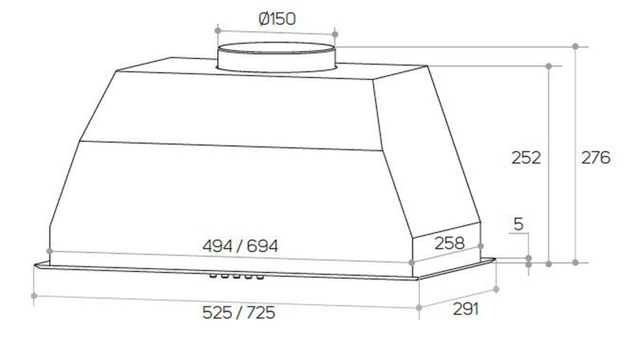 Una campana extractora de cocina, con dimensiones en milímetros. Es un electrodoméstico claro.
