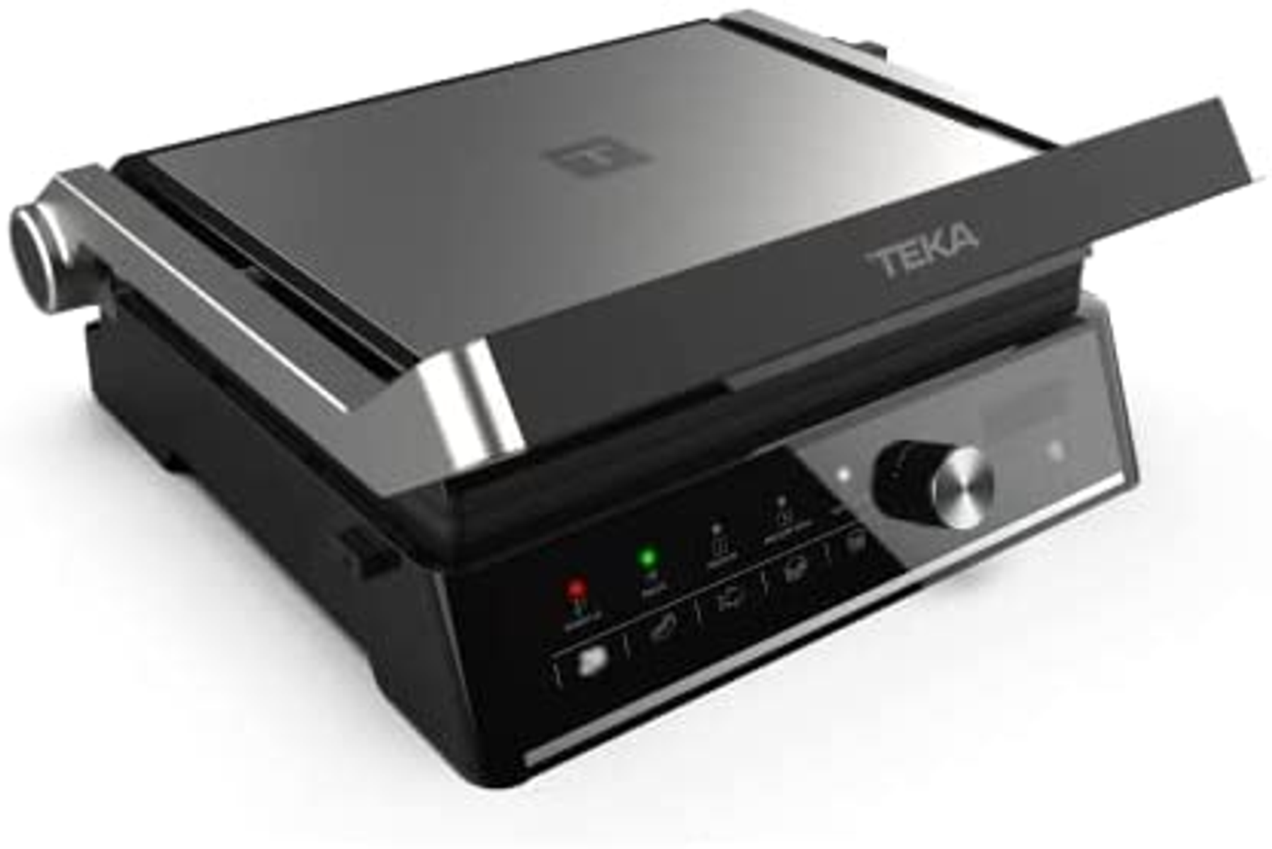 Una parrilla eléctrica TEKA negra y plateada con tapa abierta, sobre superficie blanca.