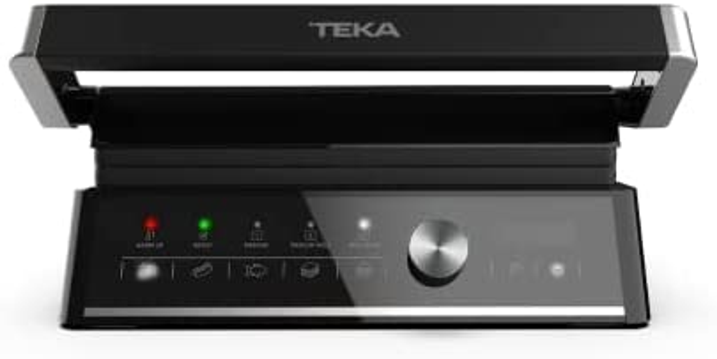 Una parrilla negra con panel de control plateado y el logo TEKA.