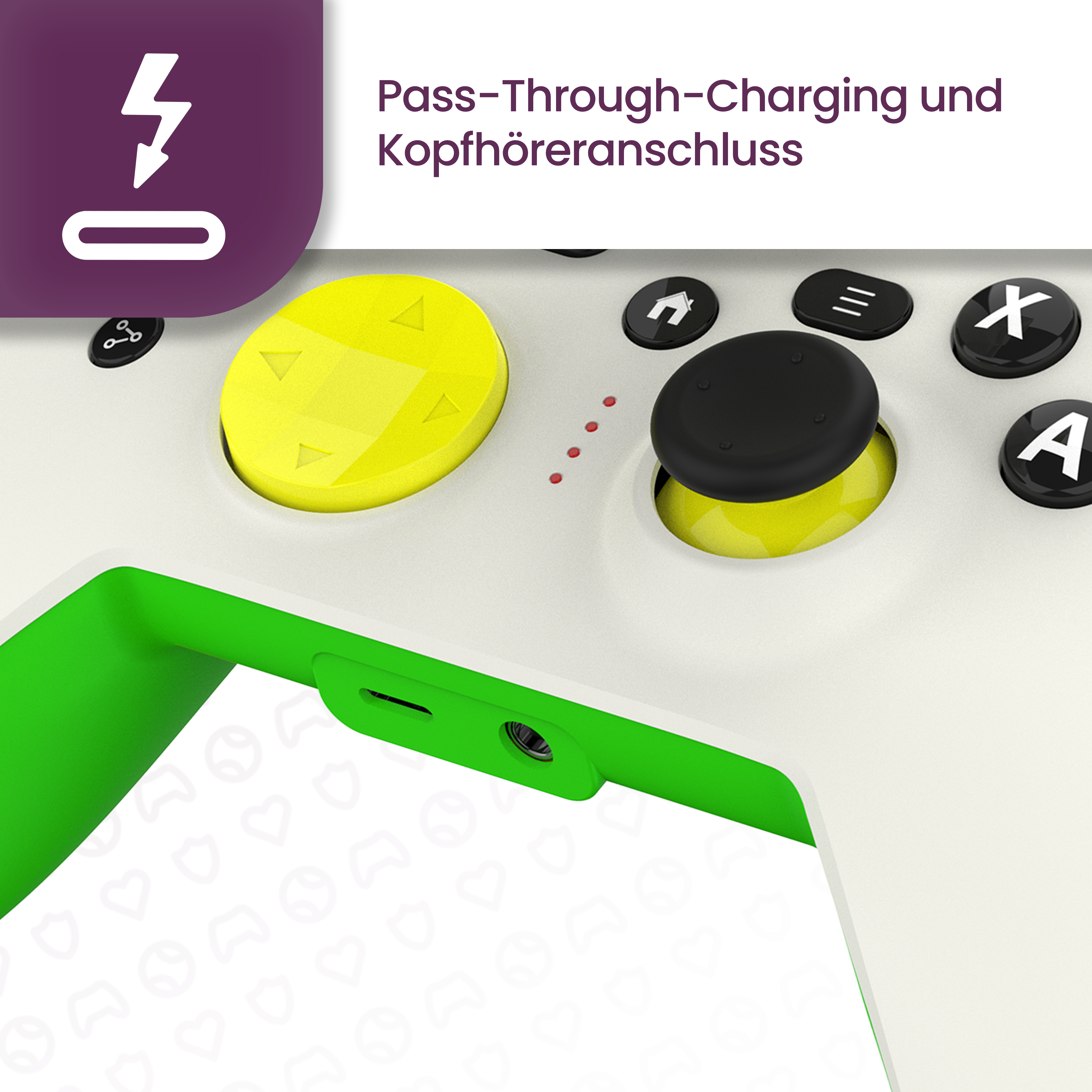 Nahaufnahme eines Gamecontrollers. Er ist weiß mit grünem Akzent. Hat gelbe Knöpfe und einen schwarzen Joystick.