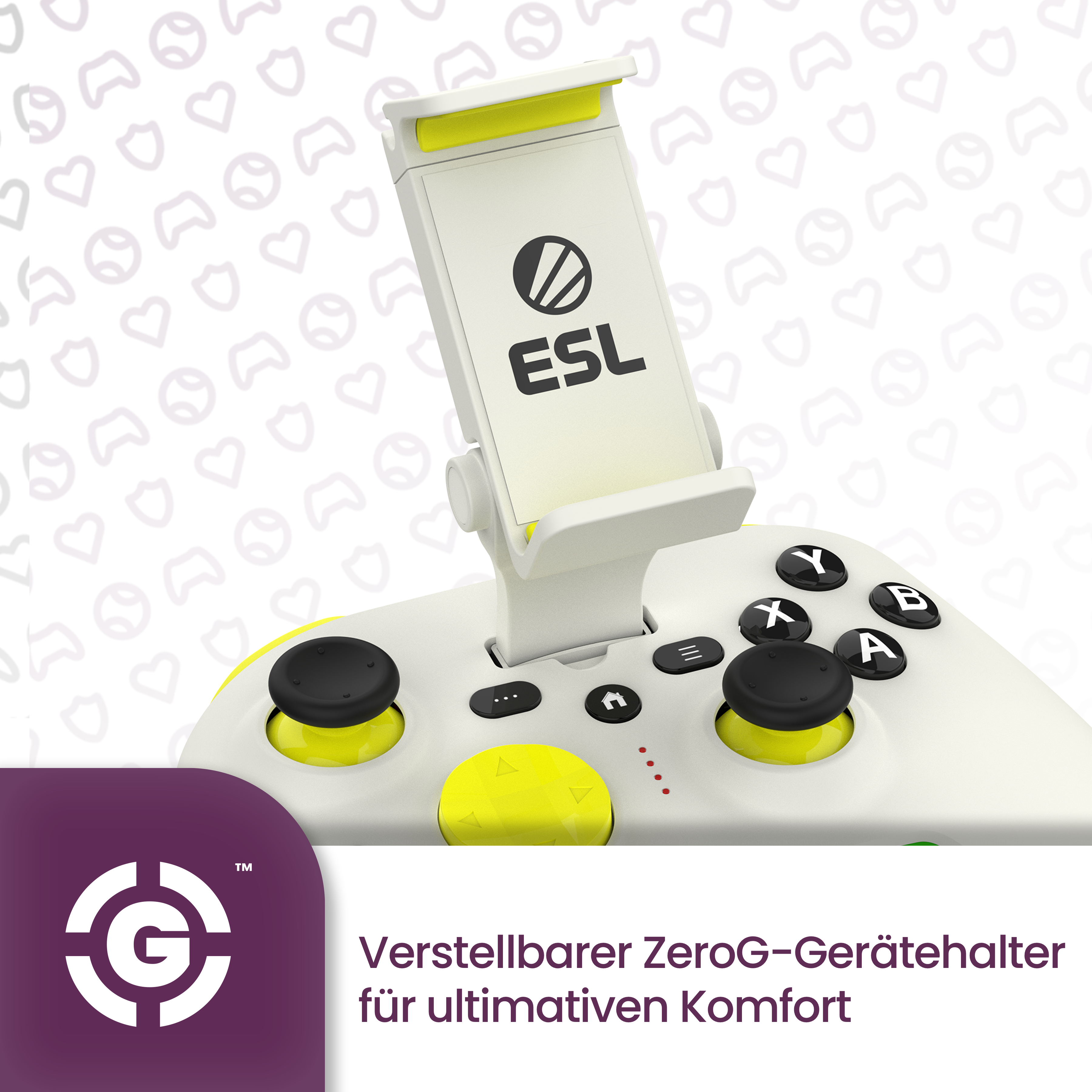 Weiß-gelber Controller mit Telefonhalterung und ESL-Logo.