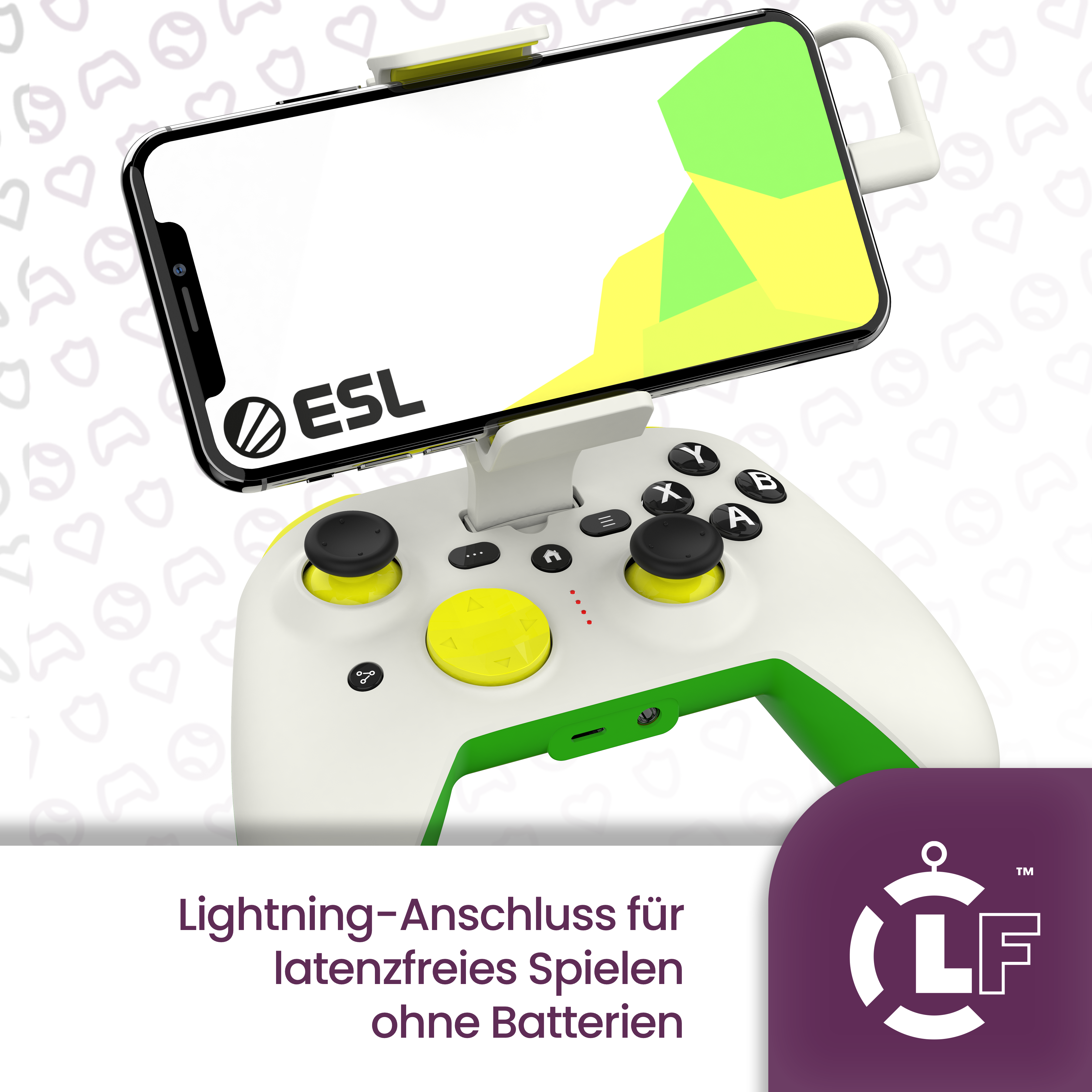 Weißer Gamecontroller mit Telefonhalter. Telefonbildschirm mit ESL-Logo. Gelbe Tasten.