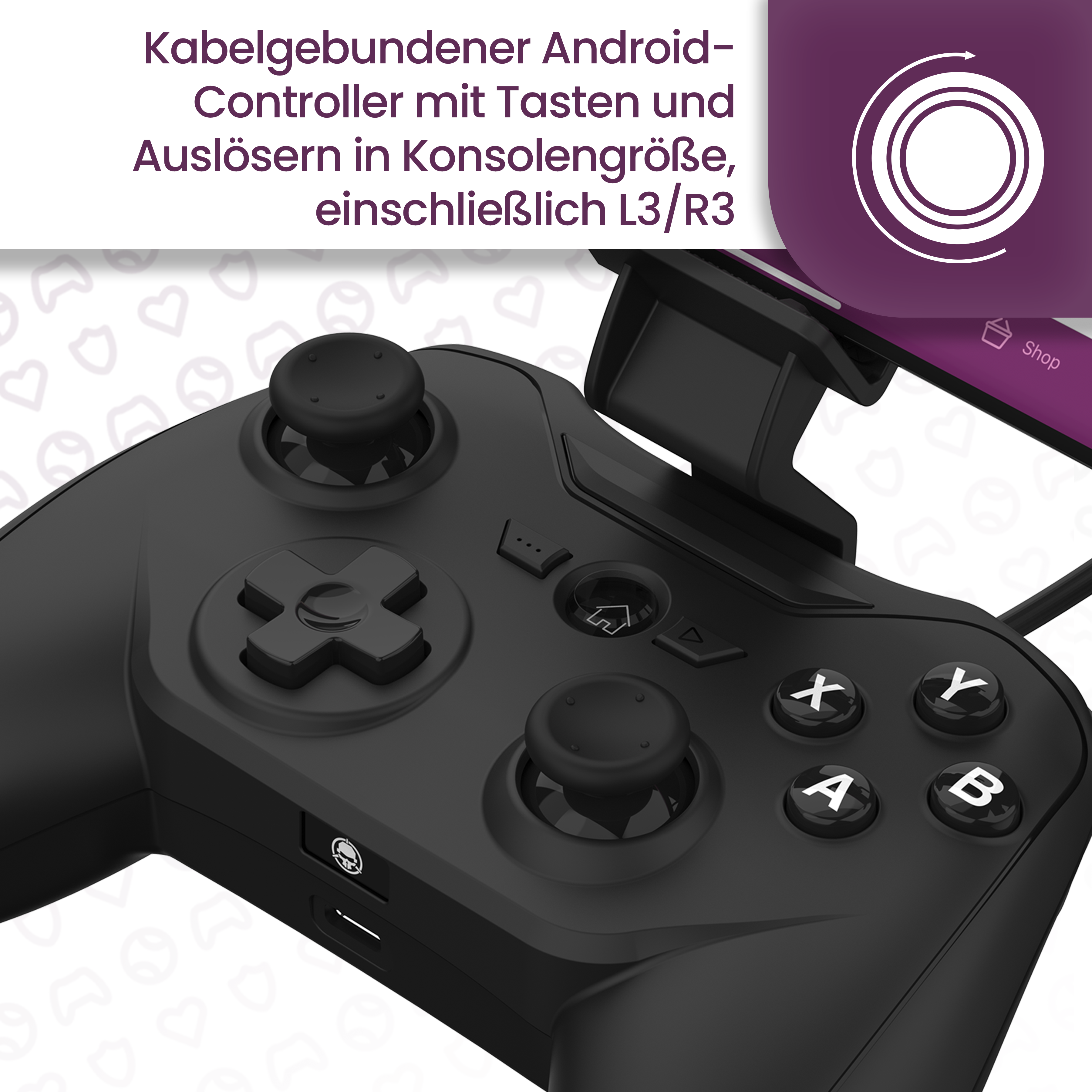 Schwarzer Android-Controller mit Tasten, Triggern und einer Telefonhalterung.