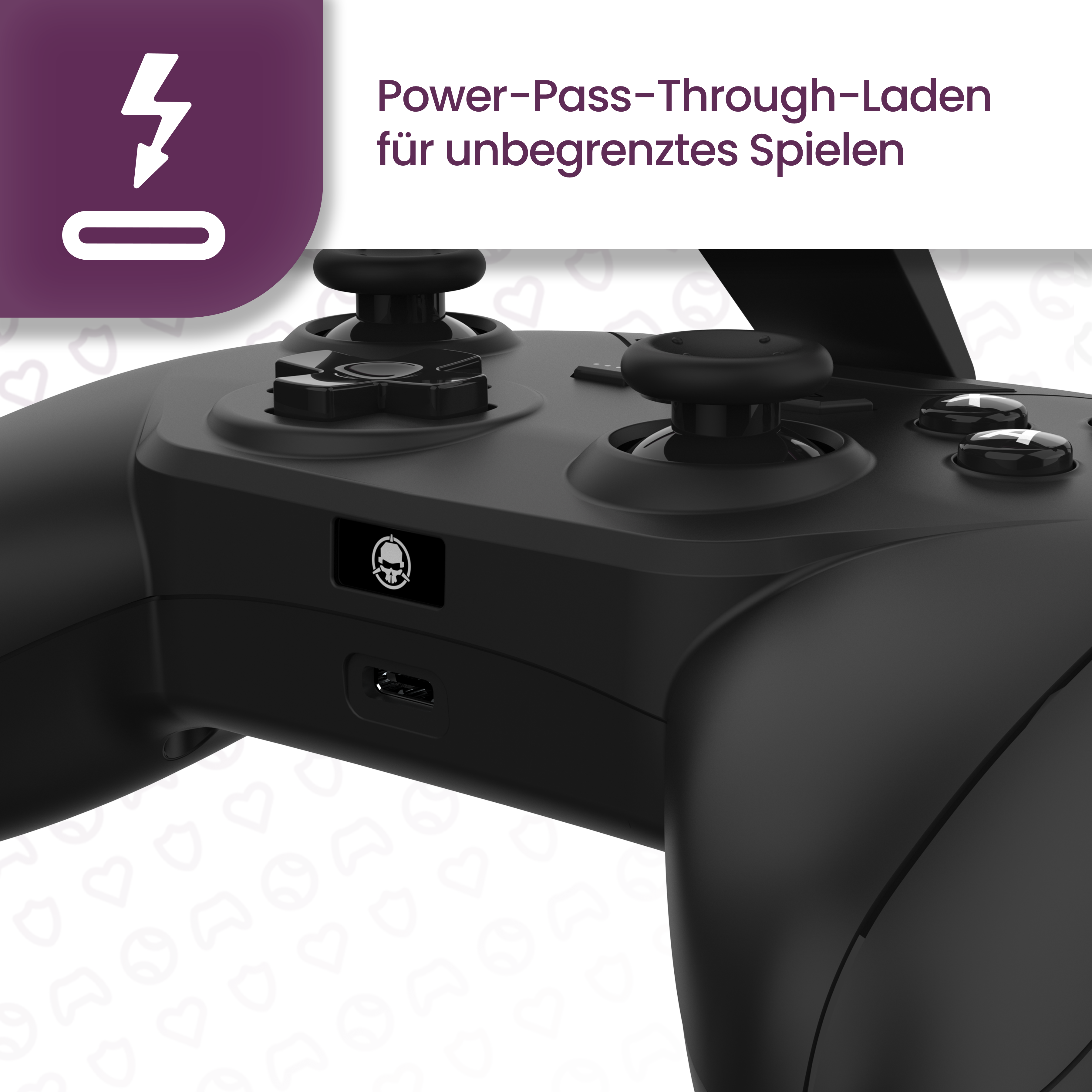 Schwarzer Gamecontroller mit Tasten und einem Ladeanschluss.