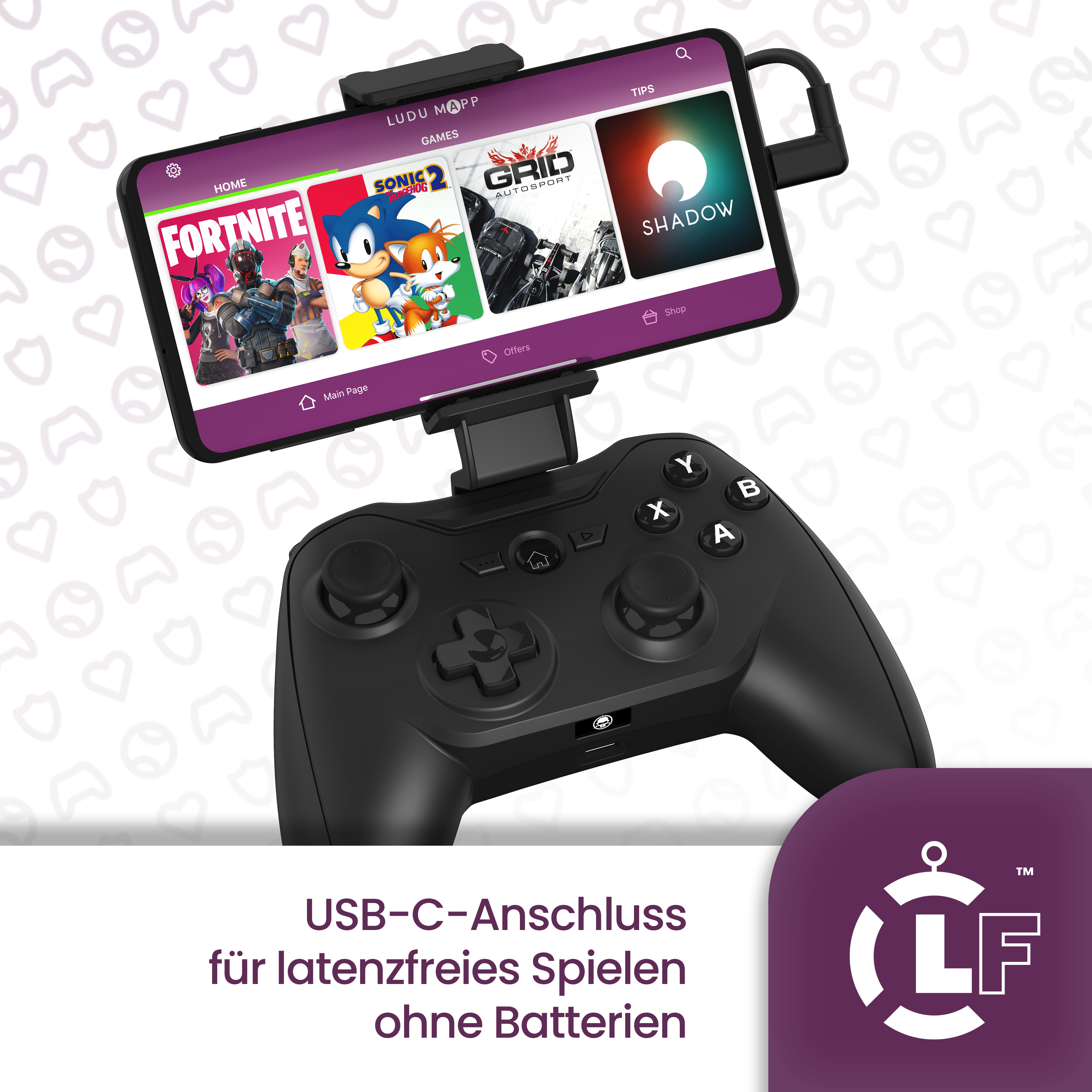 Schwarzer Controller mit angeschlossenem Telefon. Bildschirm zeigt Spiele-Apps. Lila Logo unten rechts.