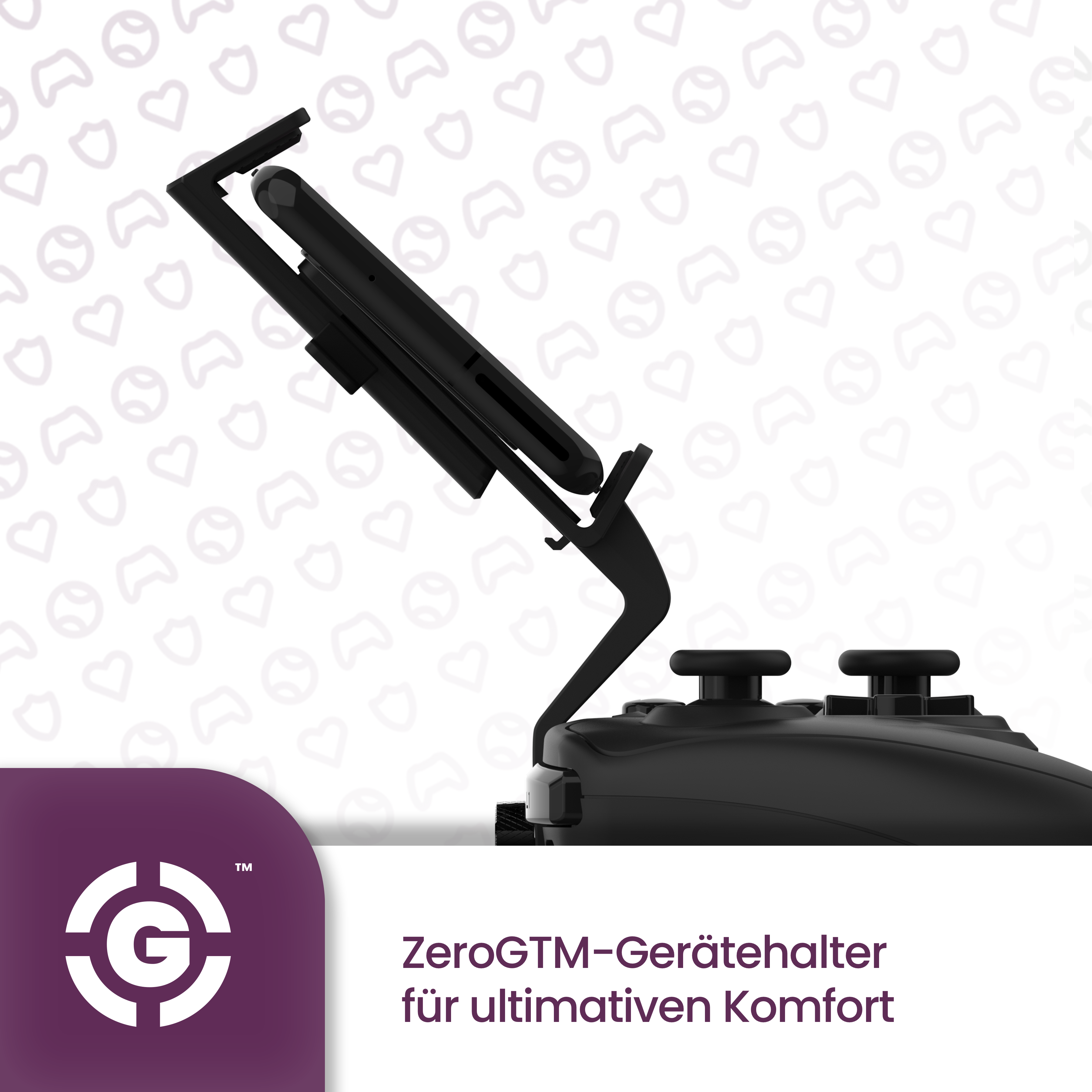 Schwarzer Gamecontroller mit Telefon. Der Hintergrund hat ein Muster aus Herzen und Logos.