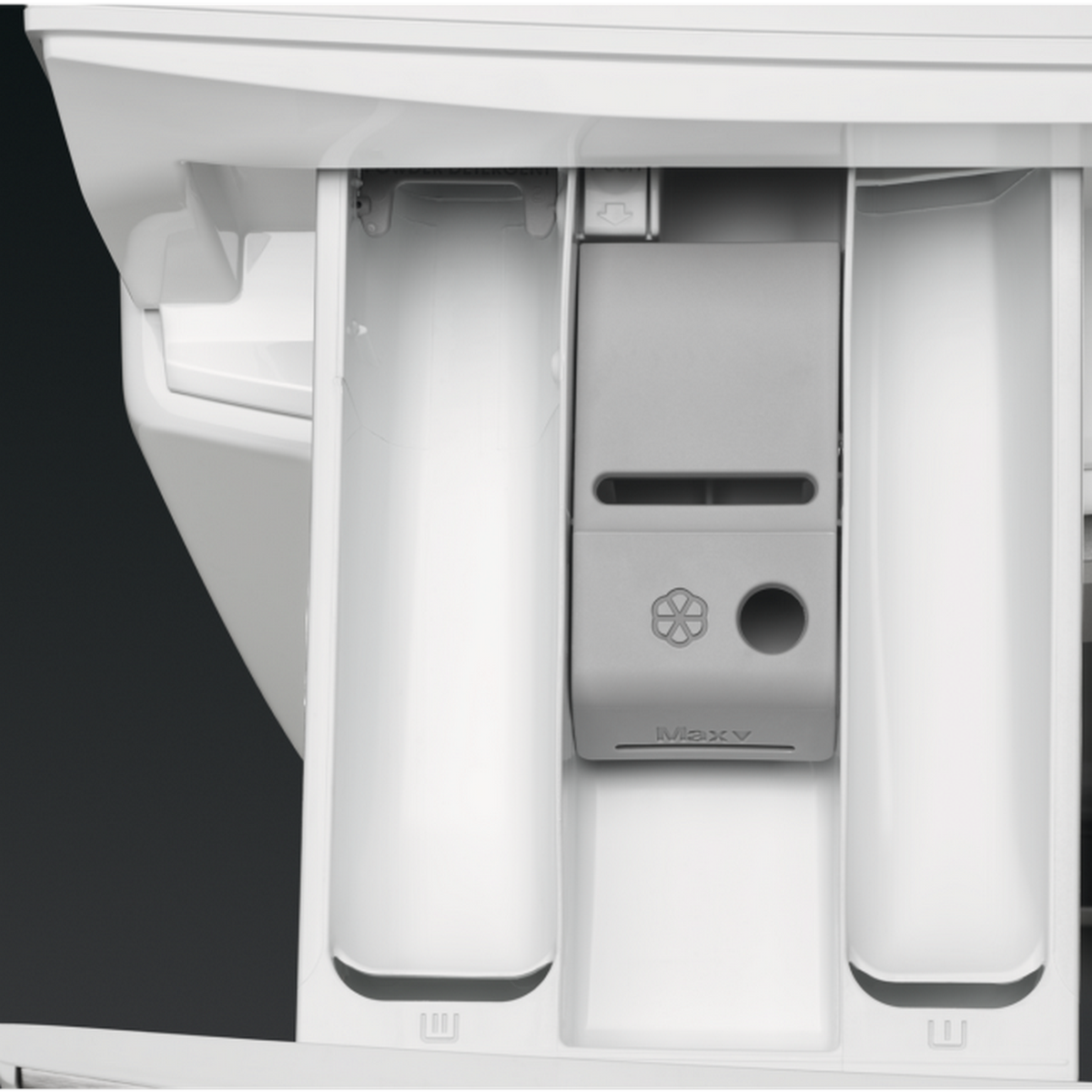 Szuflada na detergent do pralki, biały kolor, z przegródkami i oznaczeniem MaxV.