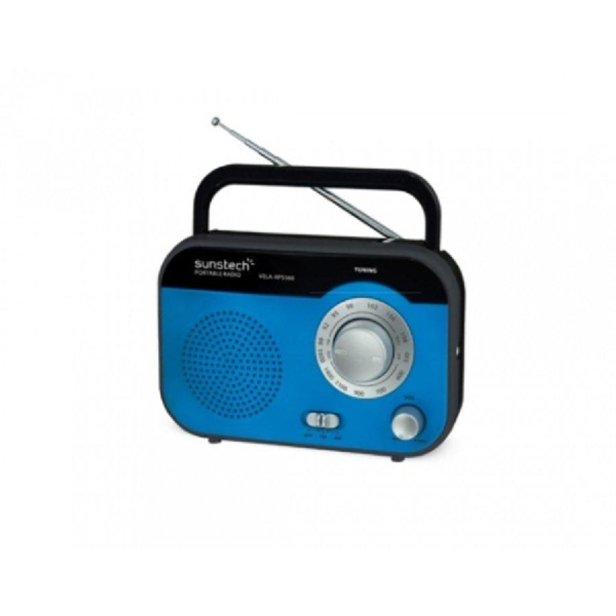 Una radio portátil azul y negra con asa, antena, dial de sintonización y controles de volumen.