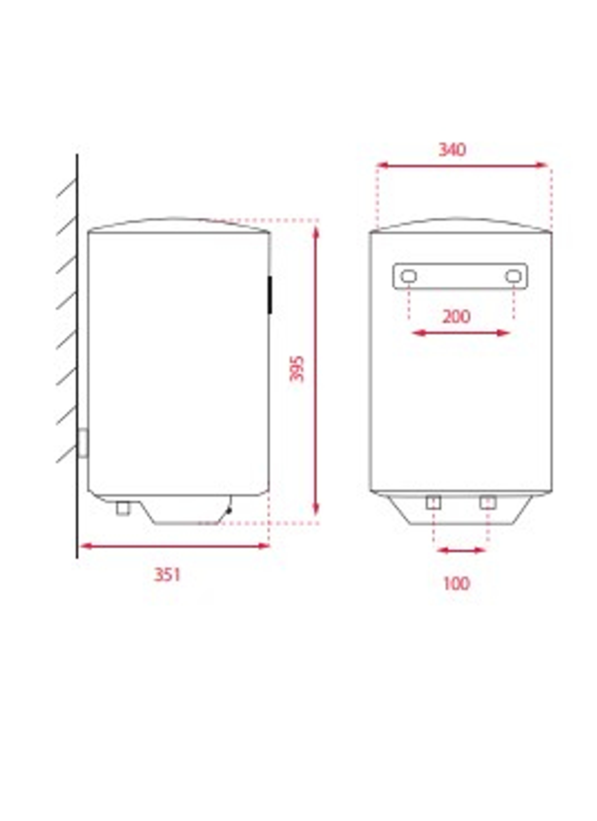 Dibujo técnico de un calentador de agua, con dimensiones indicadas en milímetros.