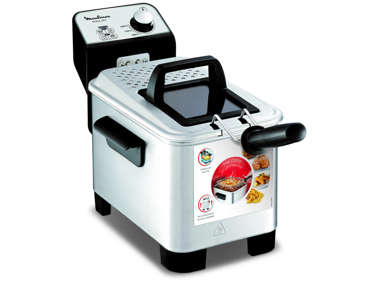 Zilveren Moulinex friteuse, met zwarte handgreep en bedieningspaneel, witte achtergrond.