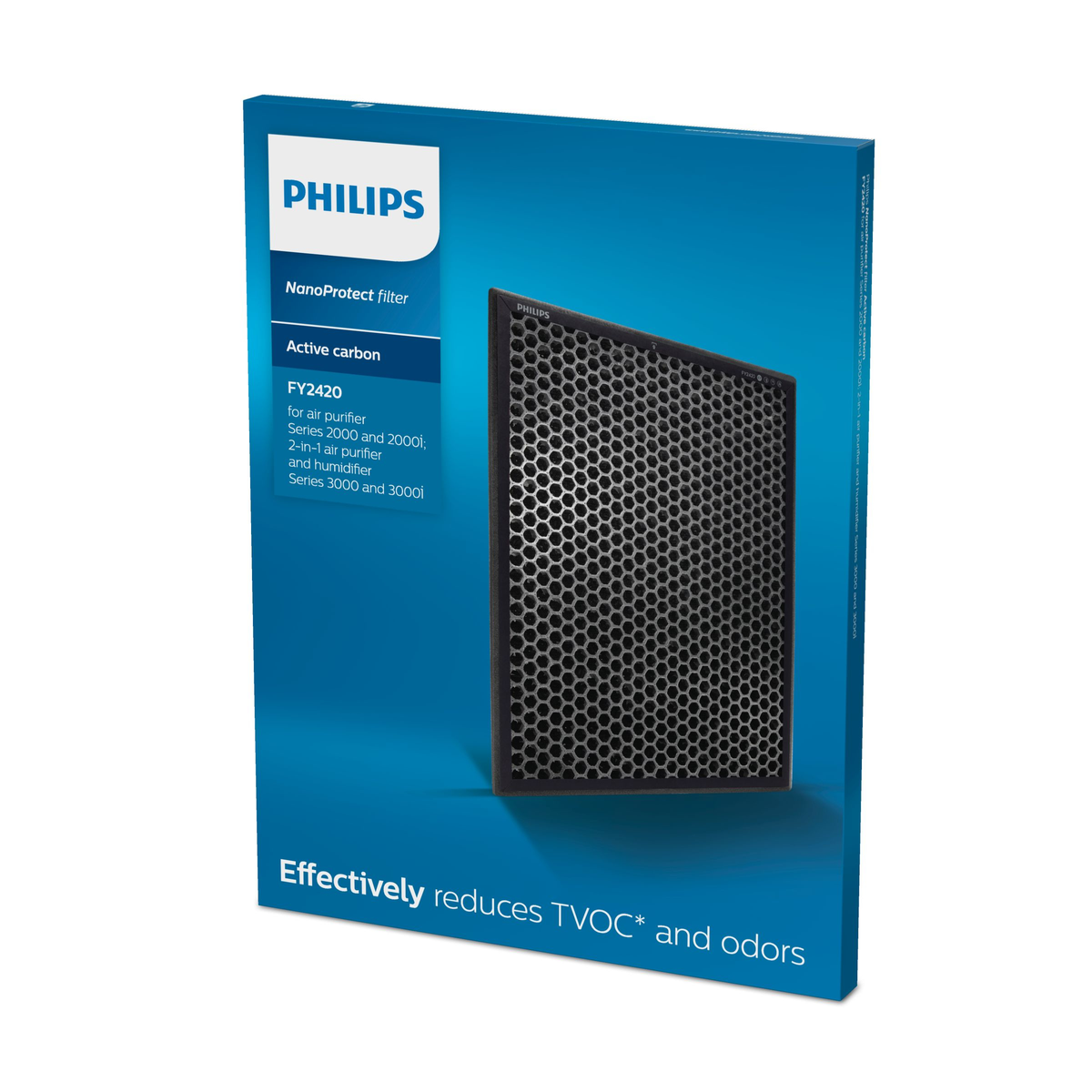 Philips Luftfilterbox. Die Box ist blau mit Text und einer Ansicht des Filters.